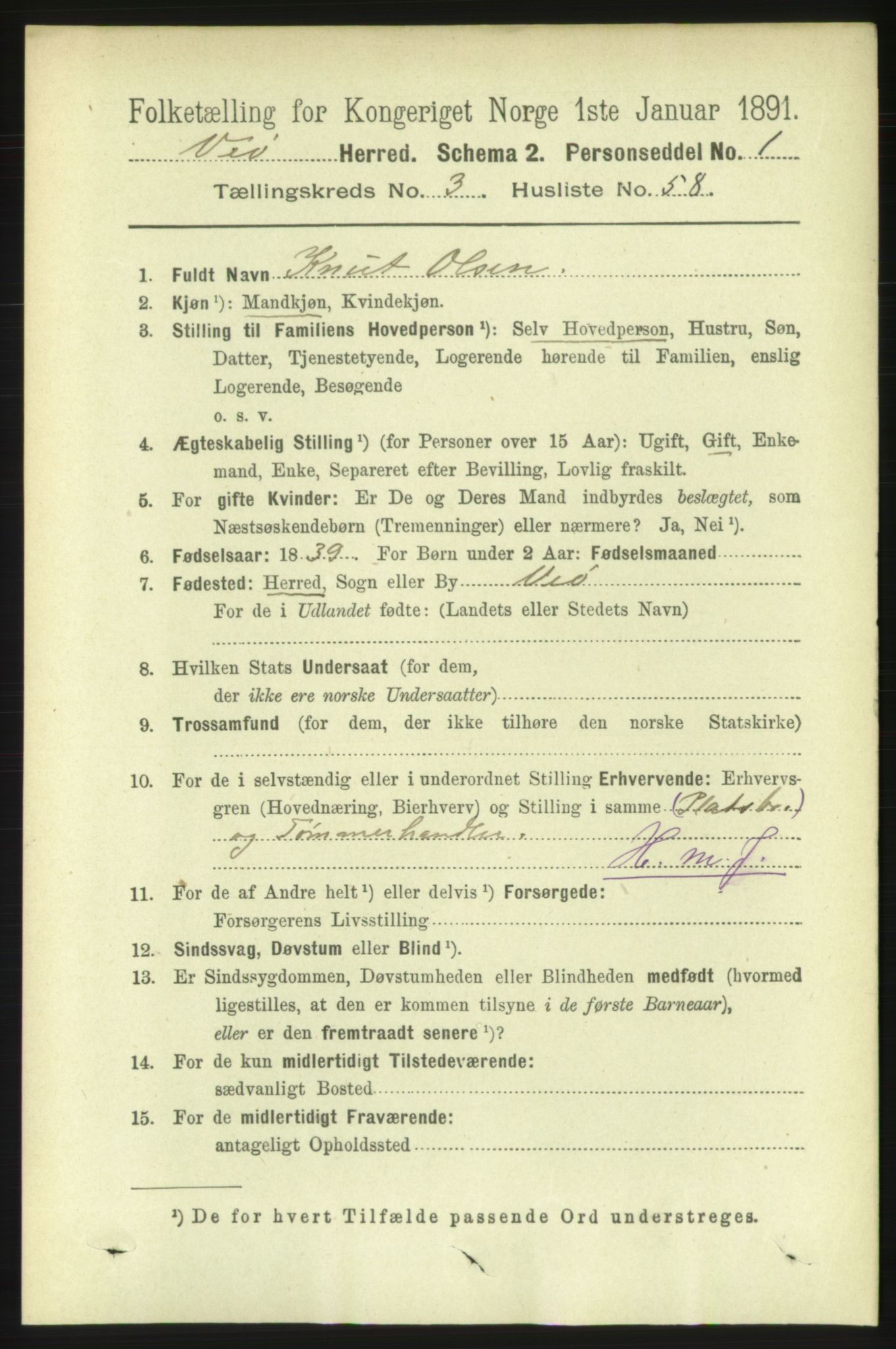 RA, 1891 census for 1541 Veøy, 1891, p. 1725