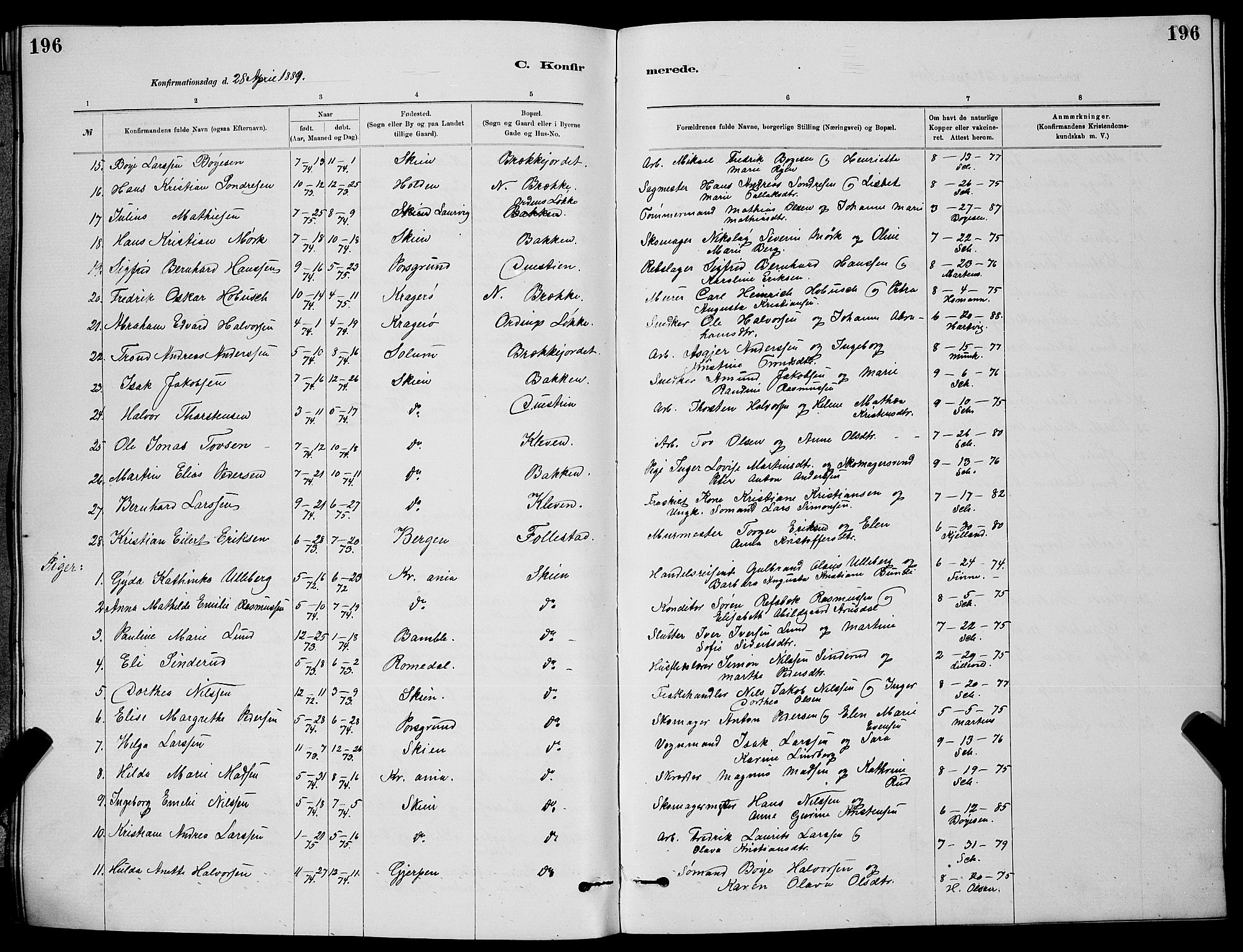 Skien kirkebøker, SAKO/A-302/G/Ga/L0006: Parish register (copy) no. 6, 1881-1890, p. 196