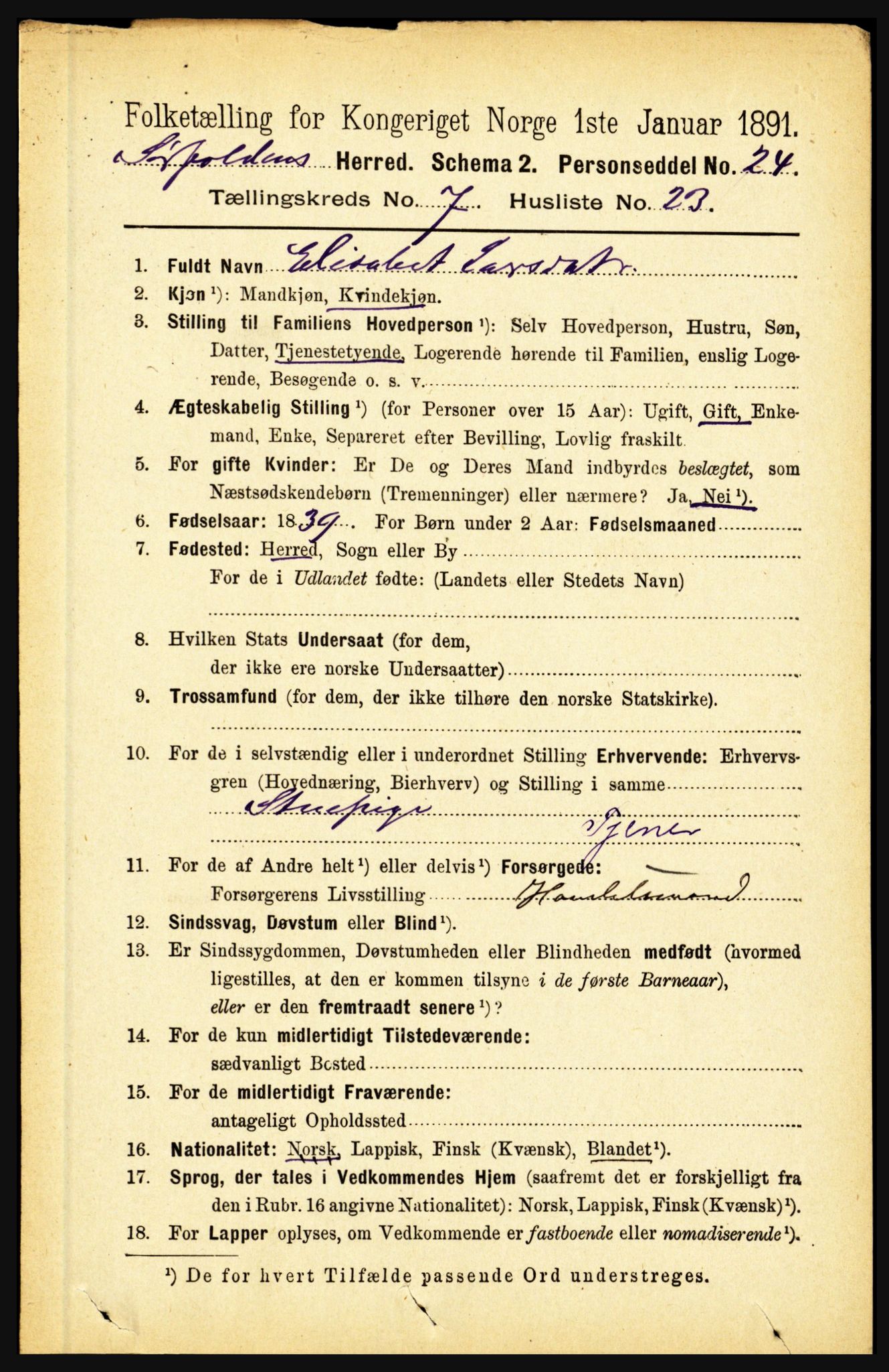 RA, 1891 census for 1845 Sørfold, 1891, p. 2360