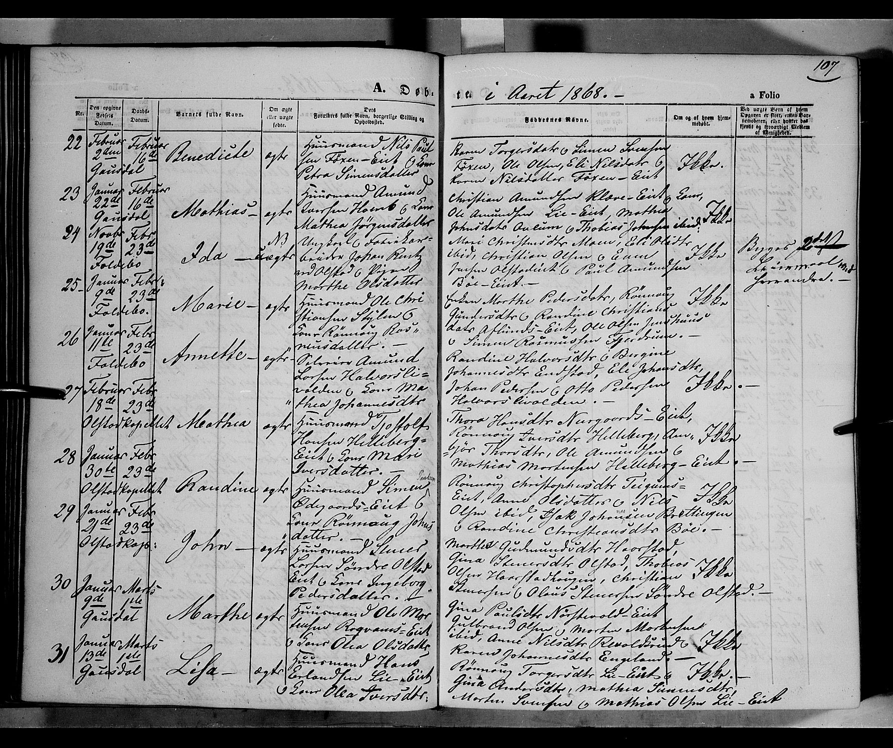 Gausdal prestekontor, AV/SAH-PREST-090/H/Ha/Haa/L0009: Parish register (official) no. 9, 1862-1873, p. 107