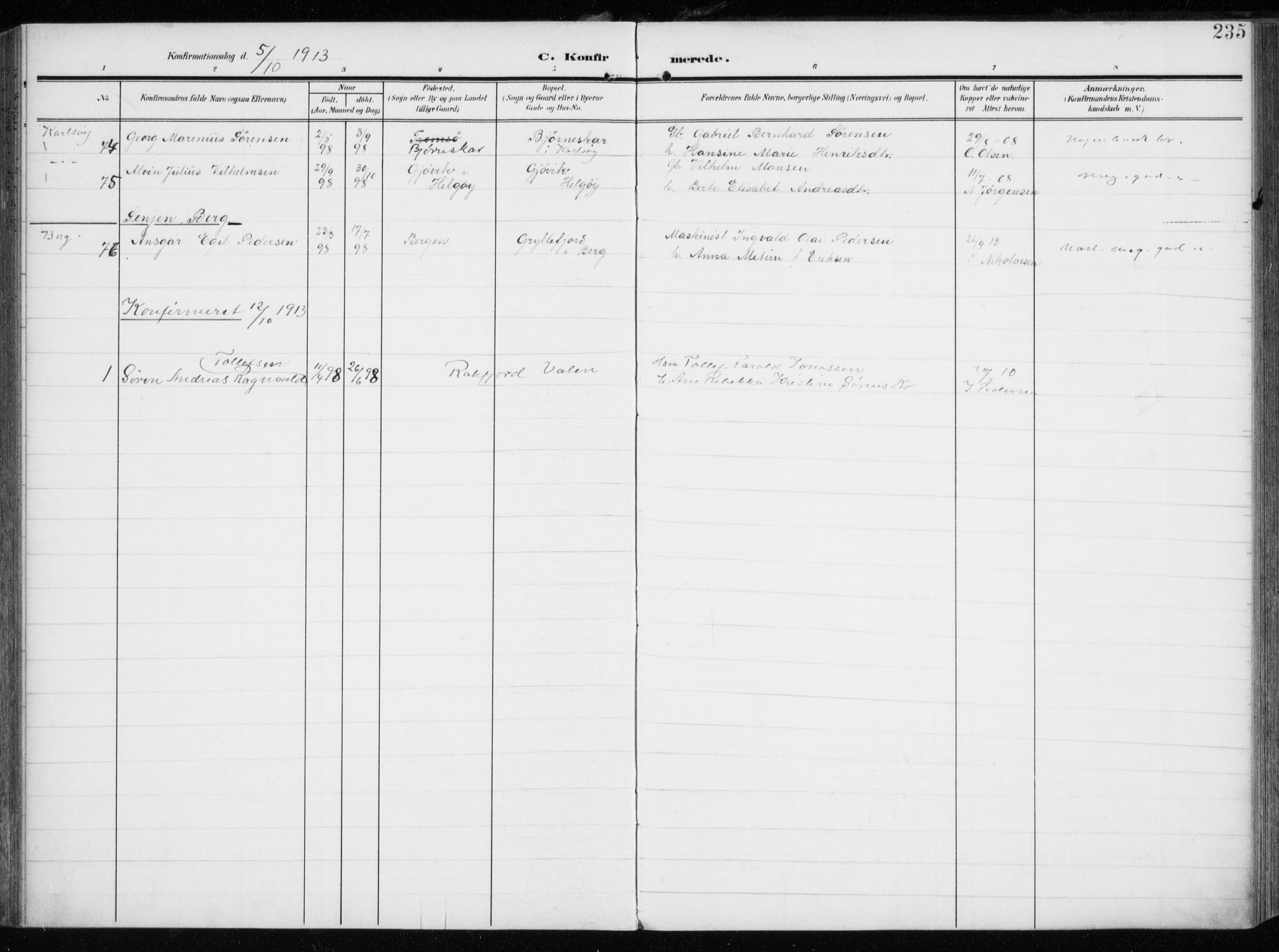 Tromsøysund sokneprestkontor, SATØ/S-1304/G/Ga/L0007kirke: Parish register (official) no. 7, 1907-1914, p. 235
