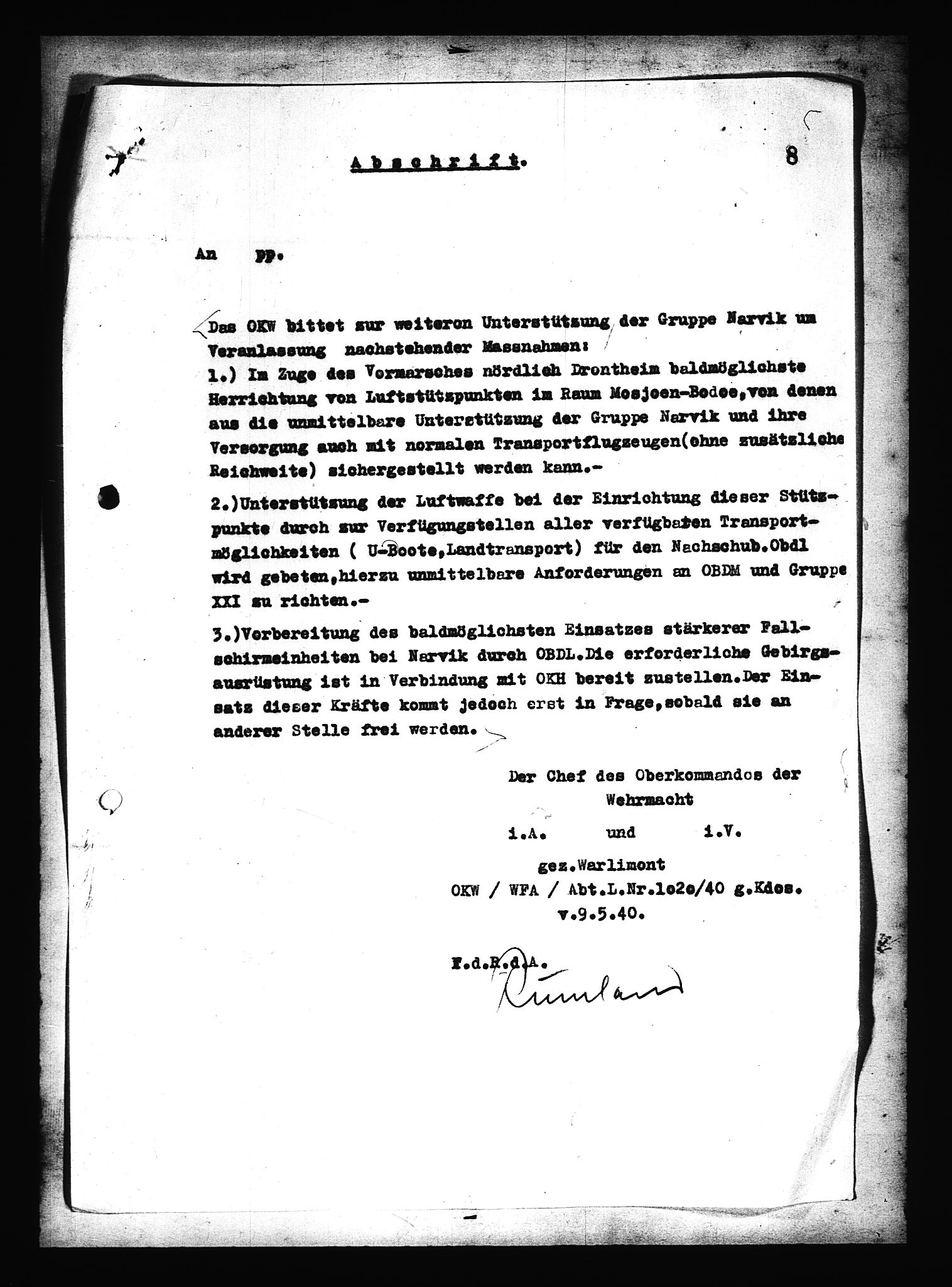 Documents Section, AV/RA-RAFA-2200/V/L0078: Amerikansk mikrofilm "Captured German Documents".
Box No. 717.  FKA jnr. 601/1954., 1940, p. 389