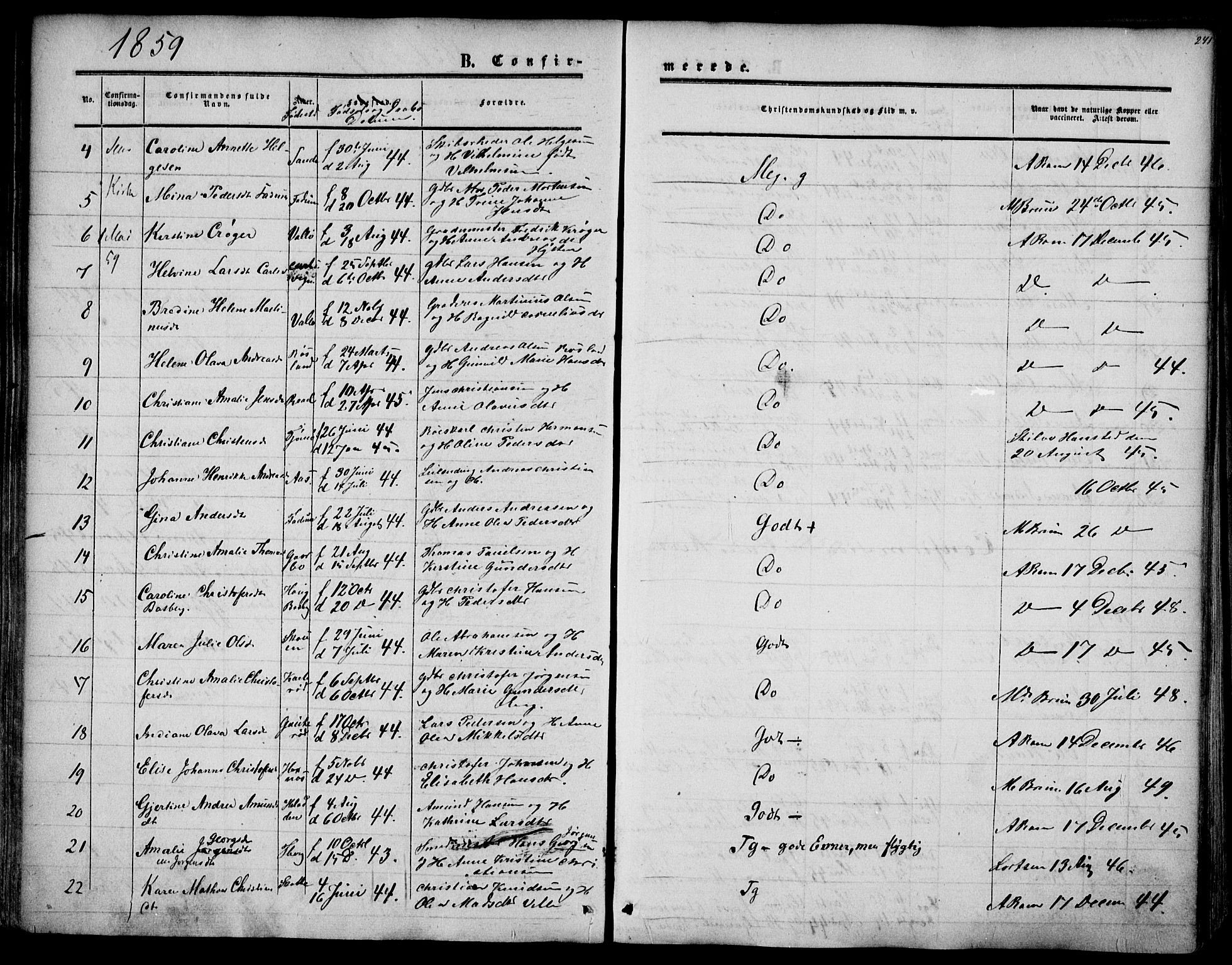 Sem kirkebøker, SAKO/A-5/F/Fa/L0007: Parish register (official) no. I 7, 1856-1865, p. 241