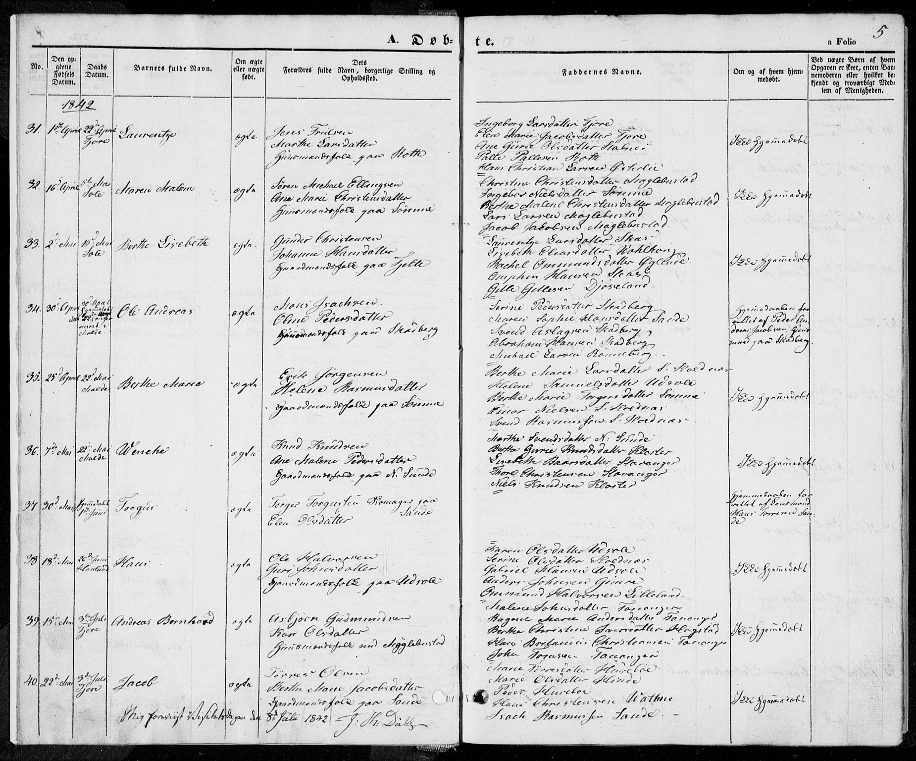 Håland sokneprestkontor, AV/SAST-A-101802/001/30BA/L0006: Parish register (official) no. A 6, 1842-1853, p. 5