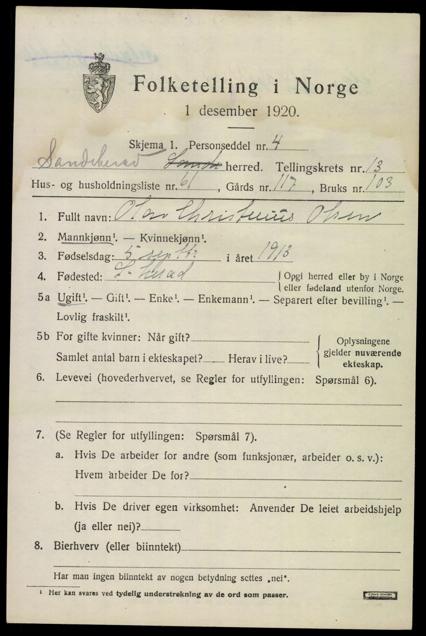 SAKO, 1920 census for Sandeherred, 1920, p. 20140