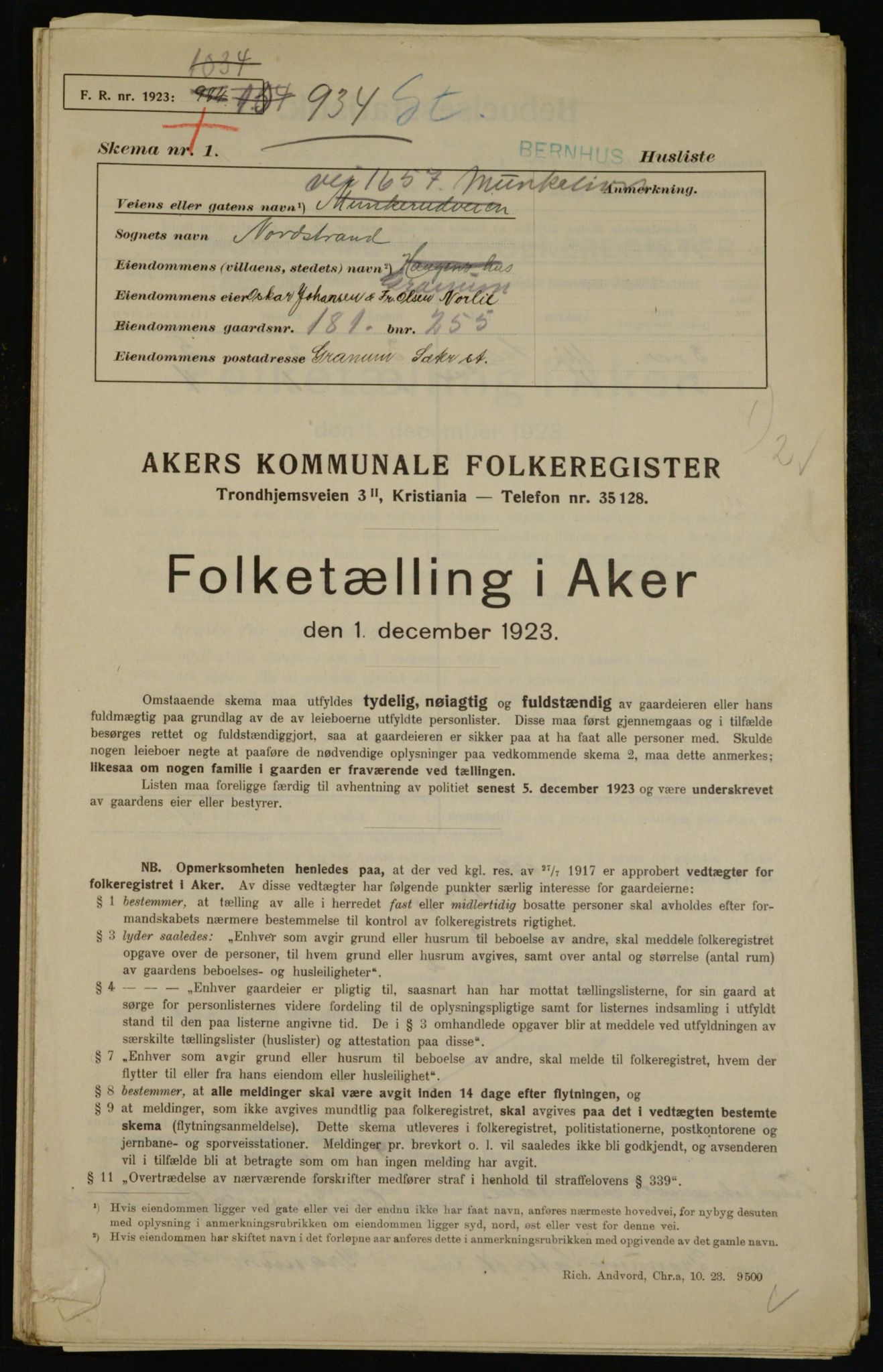 , Municipal Census 1923 for Aker, 1923, p. 42182