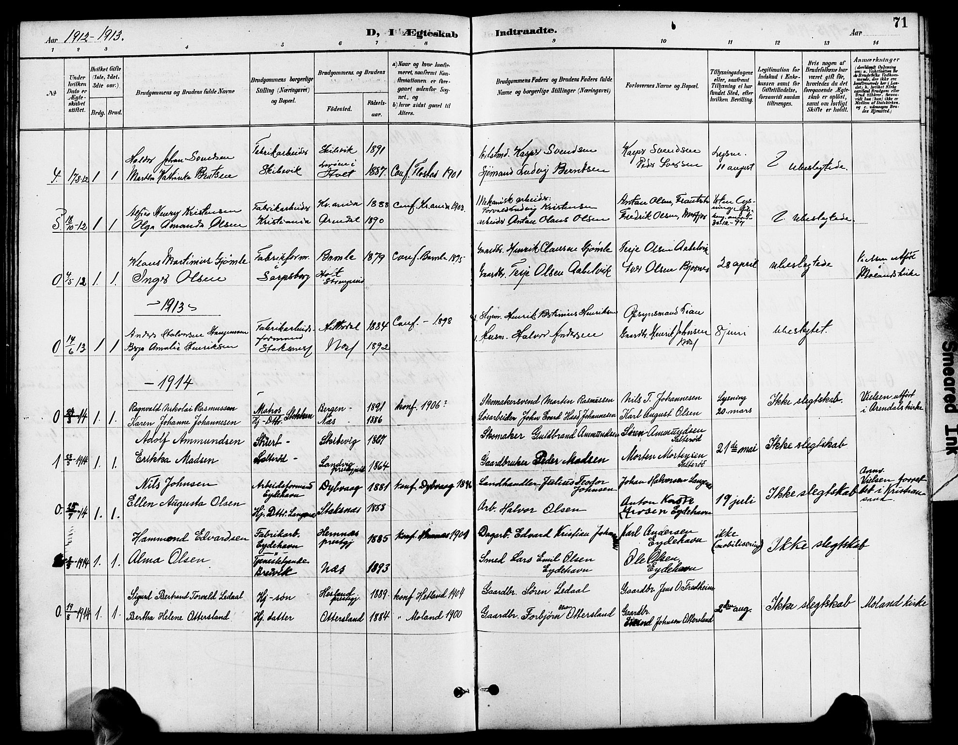 Austre Moland sokneprestkontor, SAK/1111-0001/F/Fb/Fbb/L0002: Parish register (copy) no. B 2, 1894-1918, p. 71