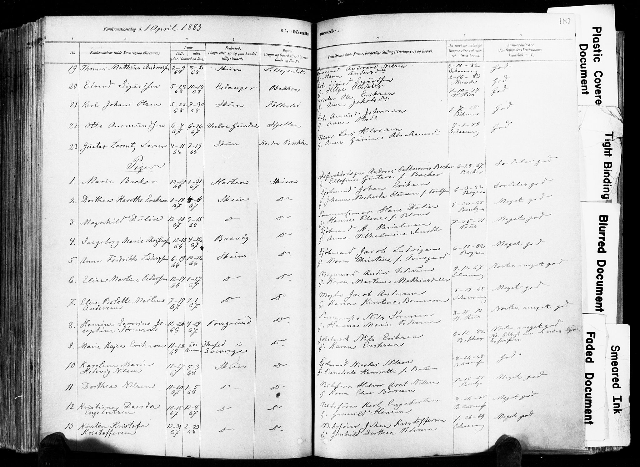 Skien kirkebøker, AV/SAKO-A-302/F/Fa/L0009: Parish register (official) no. 9, 1878-1890, p. 187