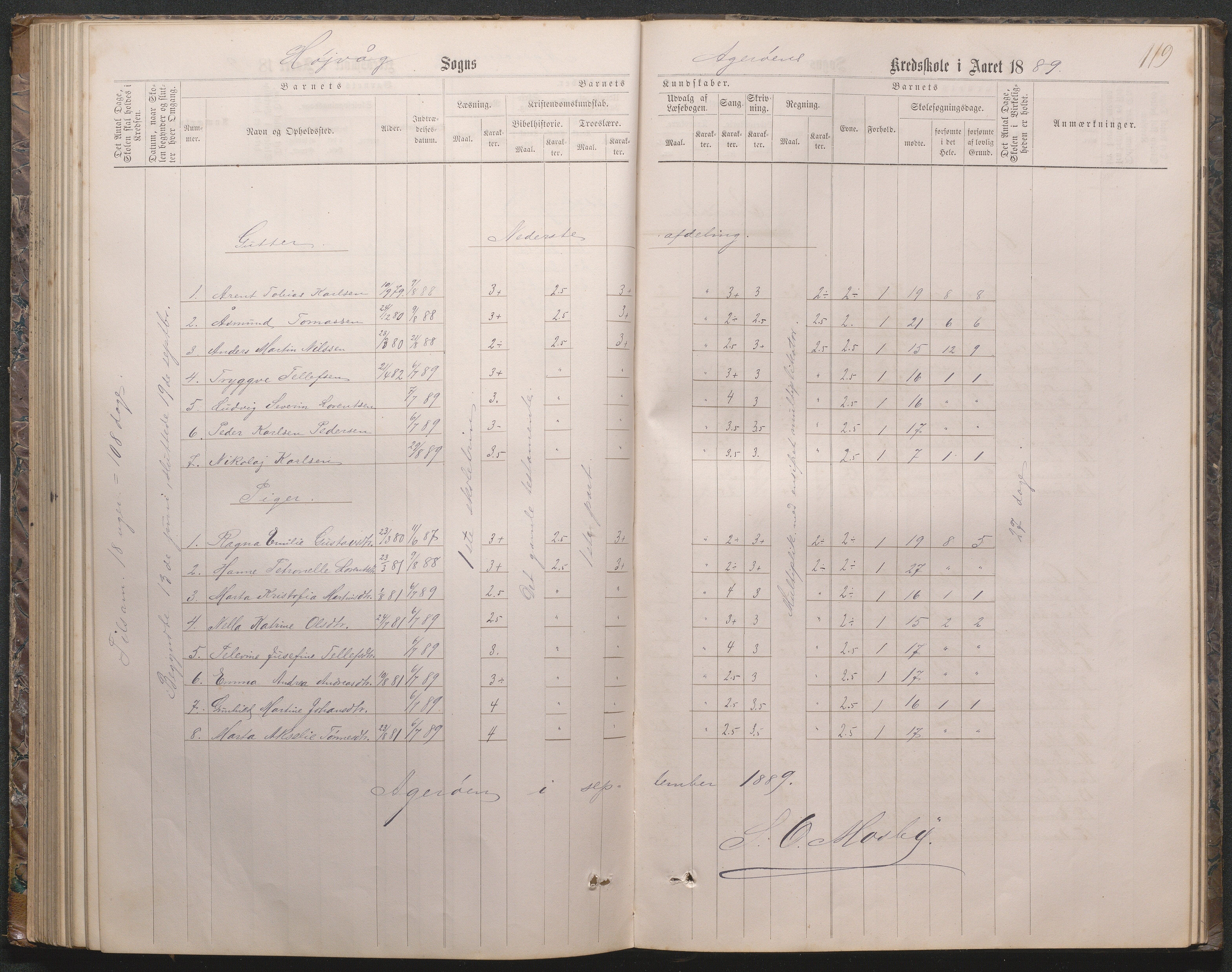 Høvåg kommune, AAKS/KA0927-PK/2/2/L0019: Åkerøy - Karakterprotokoll, 1863-1895, p. 119