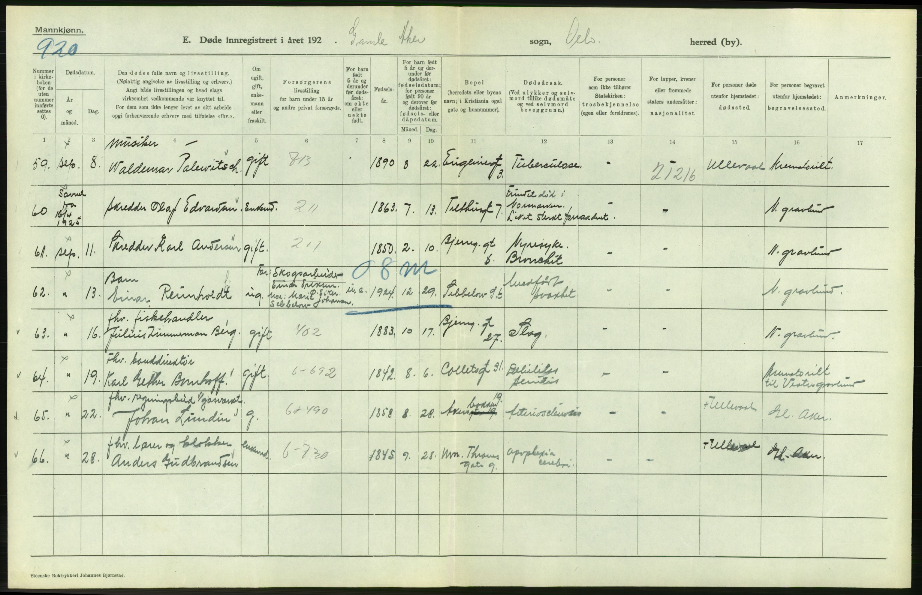 Statistisk sentralbyrå, Sosiodemografiske emner, Befolkning, AV/RA-S-2228/D/Df/Dfc/Dfce/L0009: Oslo: Døde menn, 1925, p. 298