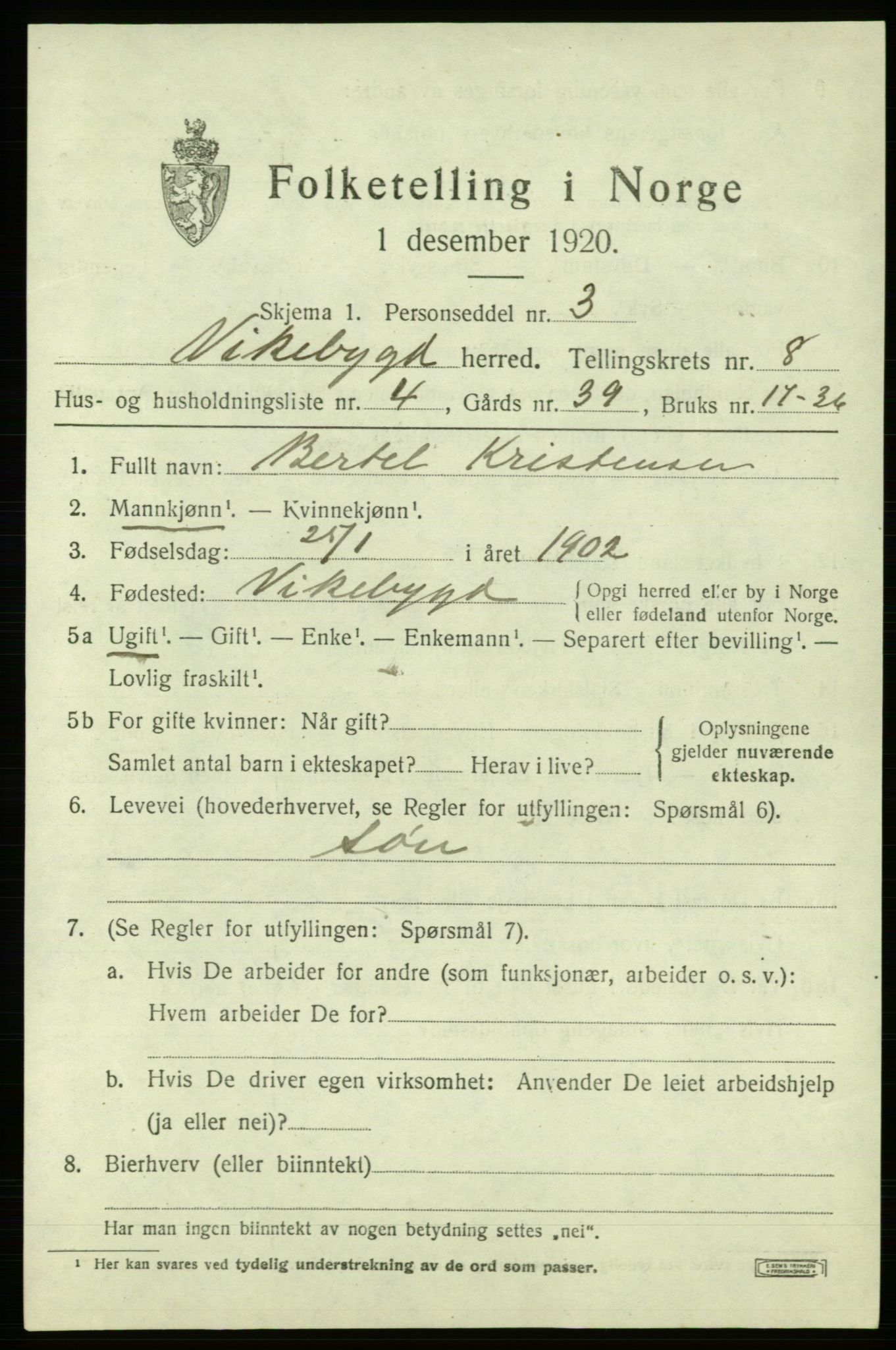 SAB, 1920 census for Vikebygd, 1920, p. 2697