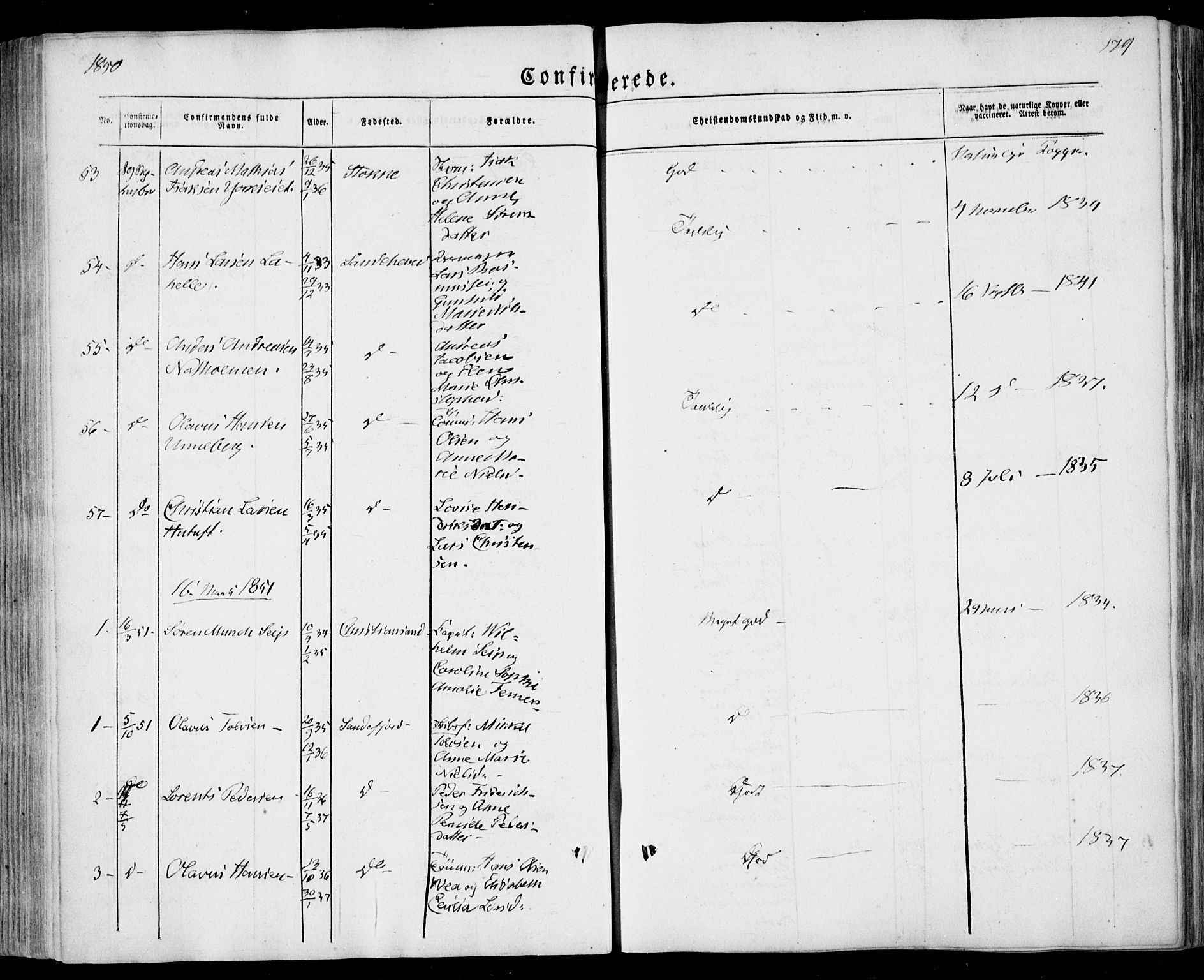 Sandar kirkebøker, SAKO/A-243/F/Fa/L0006: Parish register (official) no. 6, 1847-1860, p. 179