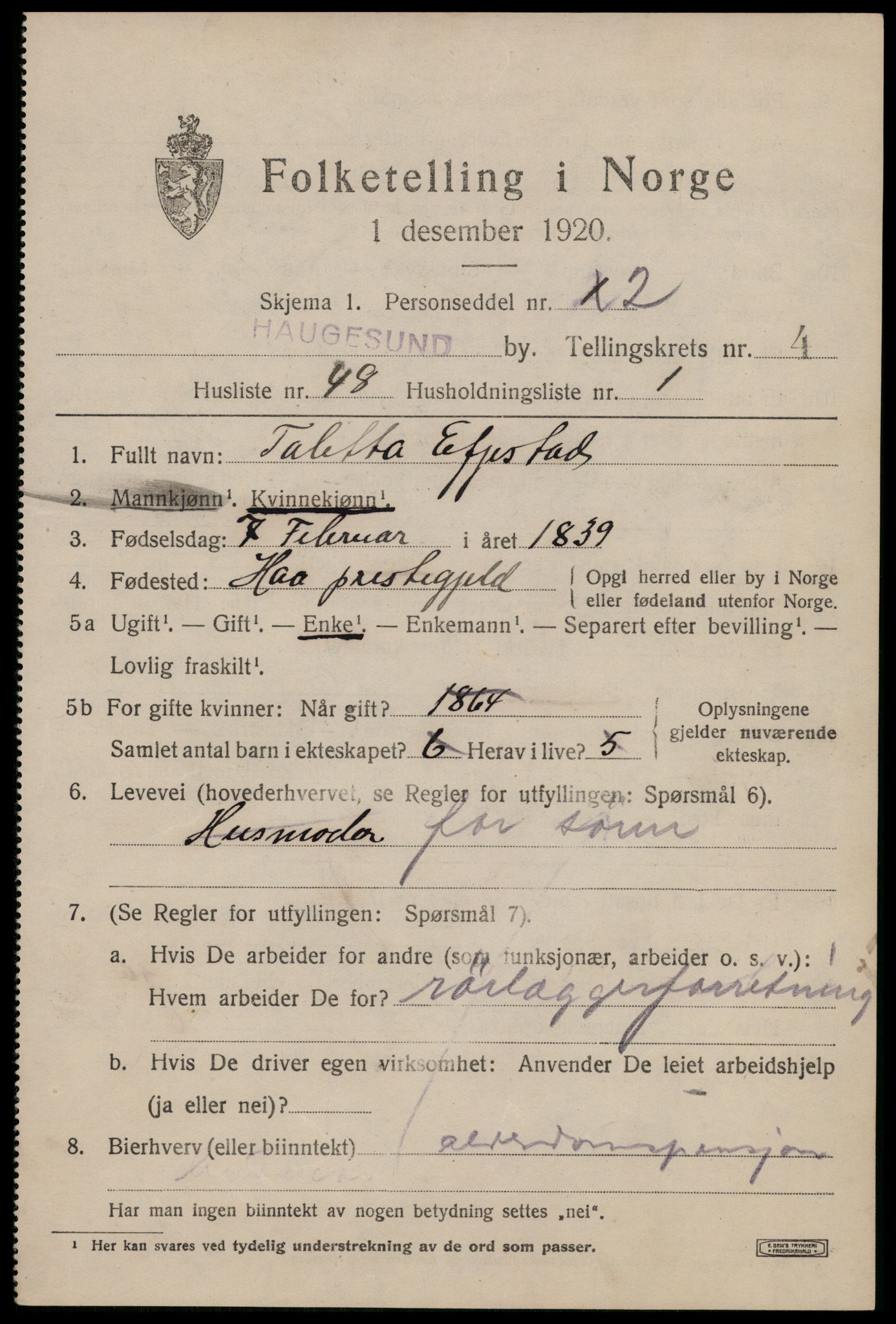 SAST, 1920 census for Haugesund, 1920, p. 16179