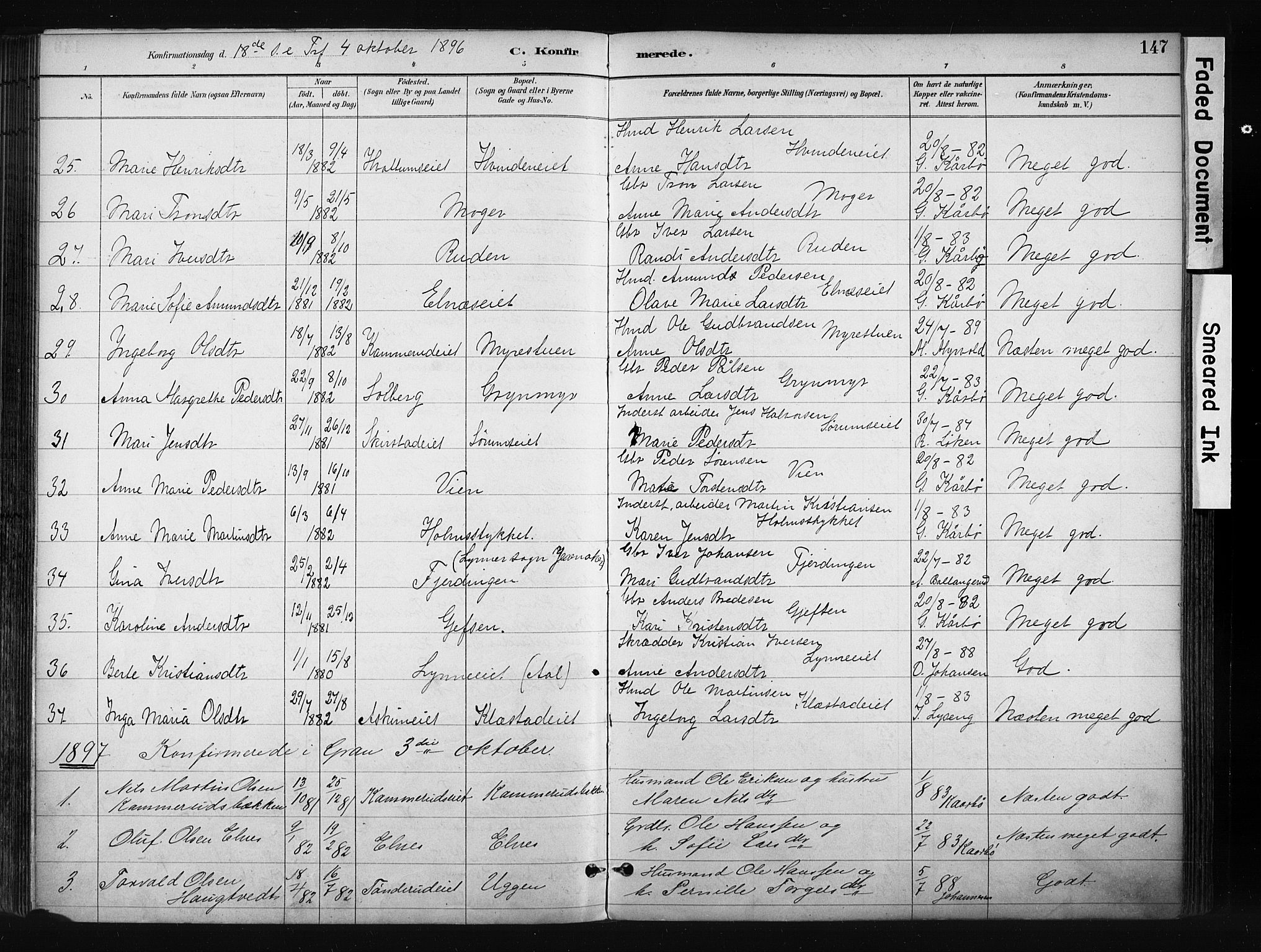 Gran prestekontor, SAH/PREST-112/H/Ha/Haa/L0017: Parish register (official) no. 17, 1889-1897, p. 147