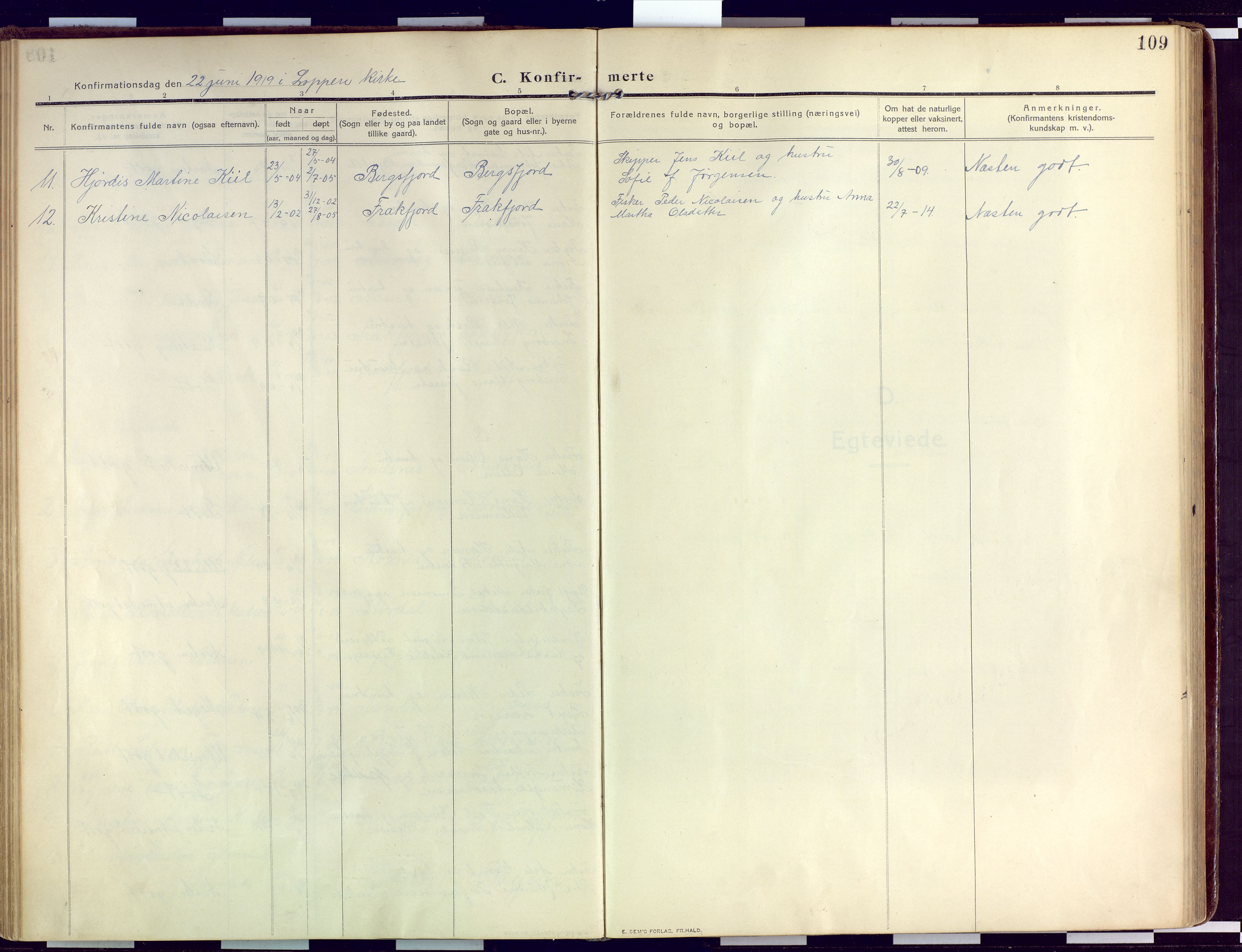 Loppa sokneprestkontor, SATØ/S-1339/H/Ha/L0011kirke: Parish register (official) no. 11, 1909-1919, p. 109