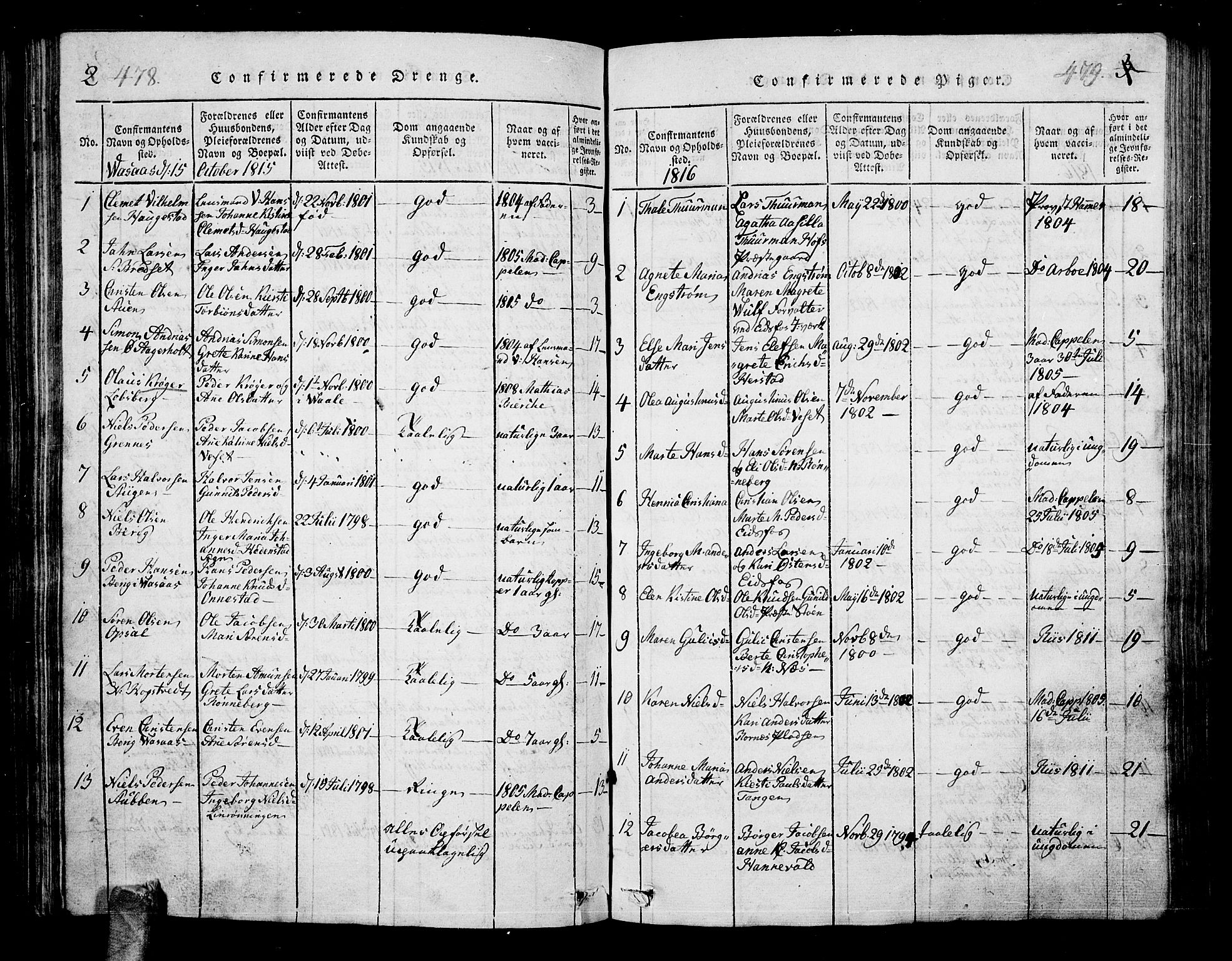 Hof kirkebøker, AV/SAKO-A-64/G/Ga/L0001: Parish register (copy) no. I 1, 1814-1844, p. 478-479