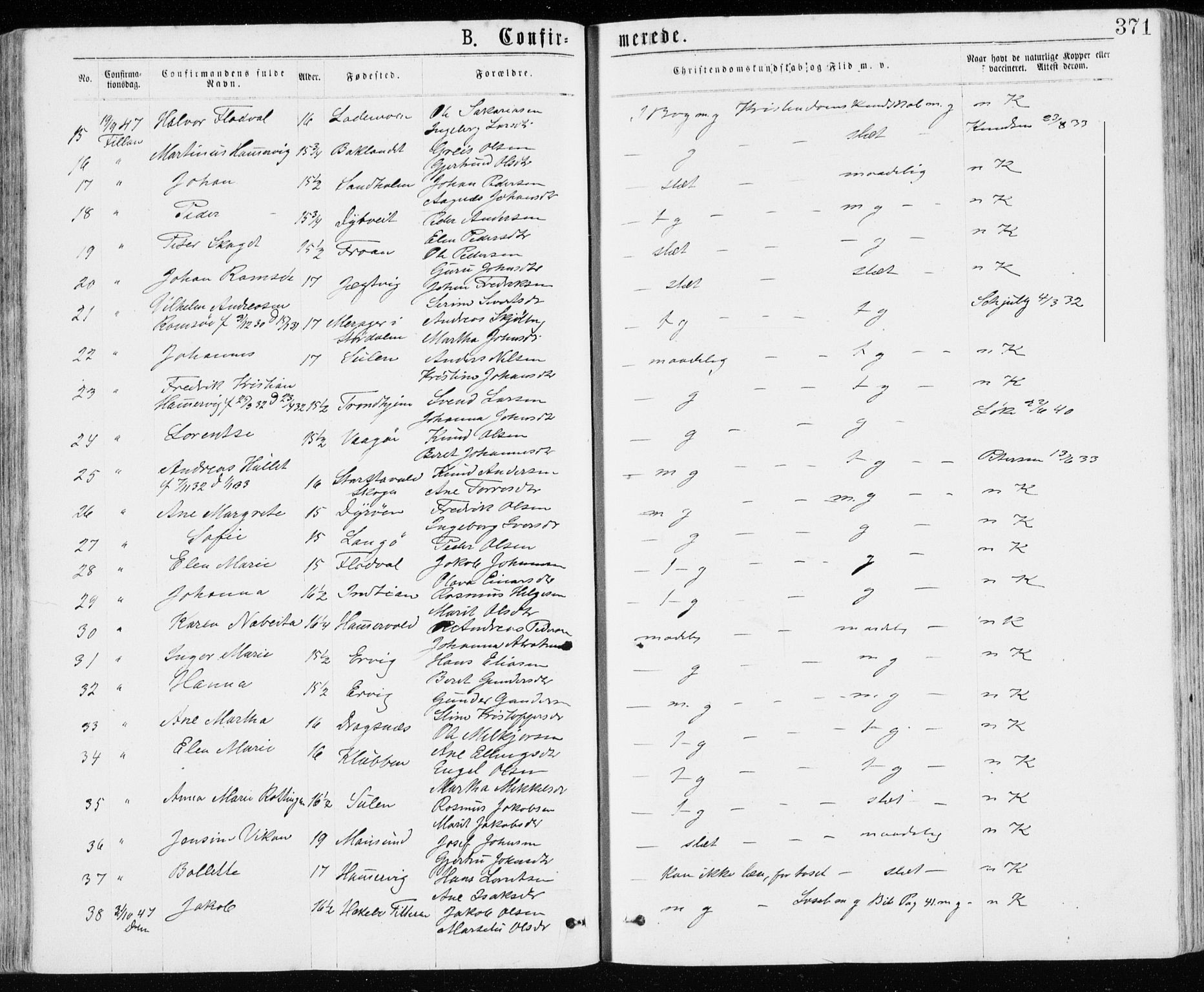 Ministerialprotokoller, klokkerbøker og fødselsregistre - Sør-Trøndelag, SAT/A-1456/640/L0576: Parish register (official) no. 640A01, 1846-1876, p. 371