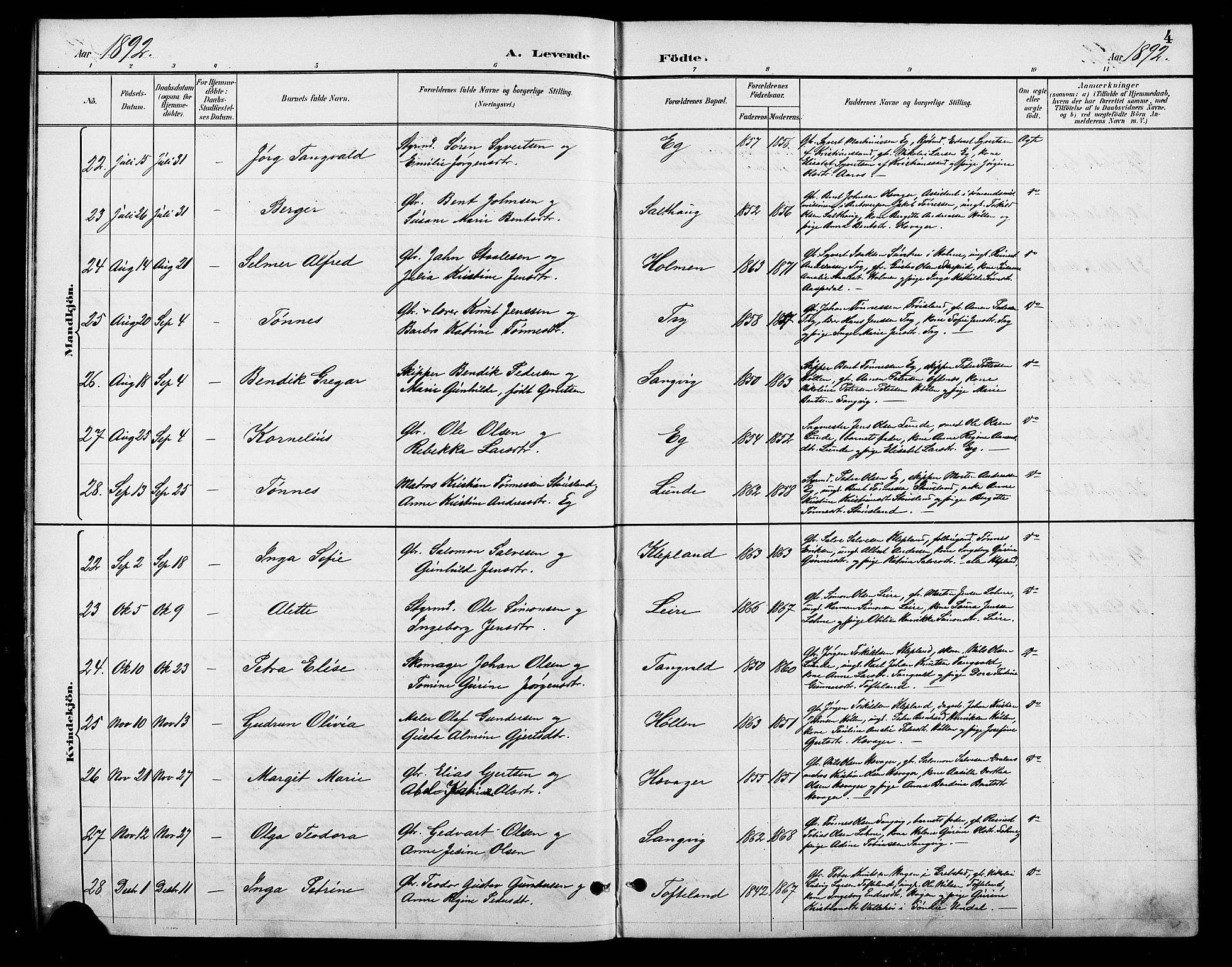 Søgne sokneprestkontor, AV/SAK-1111-0037/F/Fb/Fbb/L0006: Parish register (copy) no. B 6, 1892-1911, p. 4
