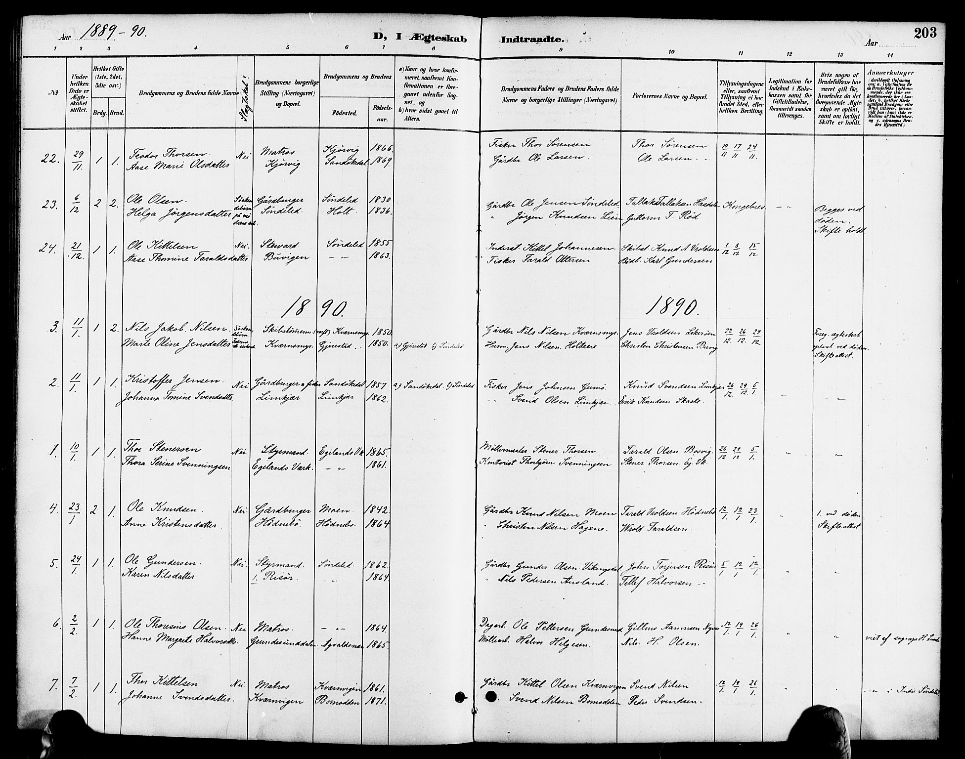Søndeled sokneprestkontor, SAK/1111-0038/F/Fa/L0005: Parish register (official) no. A 5, 1889-1899, p. 203