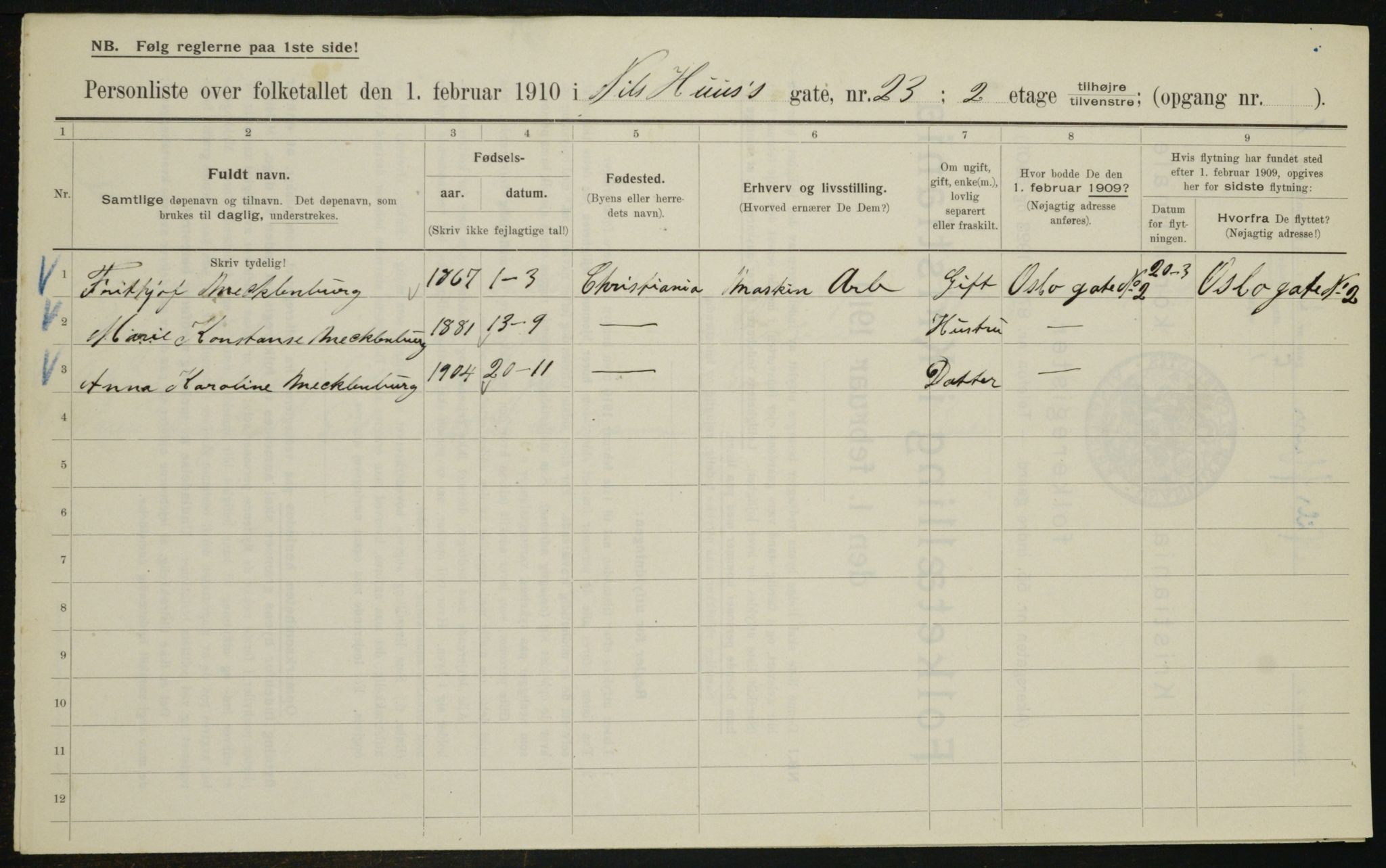 OBA, Municipal Census 1910 for Kristiania, 1910, p. 68688
