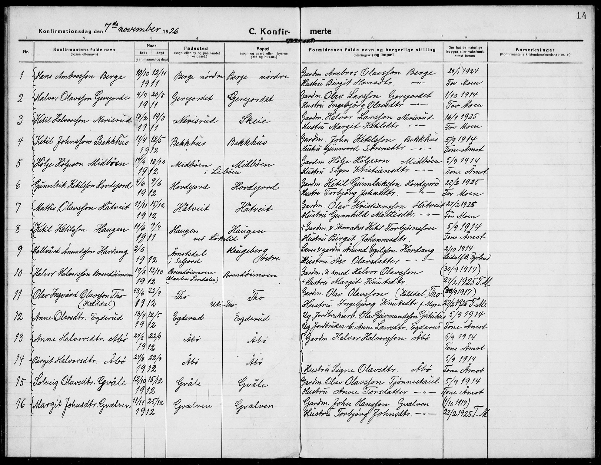 Hjartdal kirkebøker, SAKO/A-270/F/Fa/L0011: Parish register (official) no. I 11, 1916-1929, p. 14