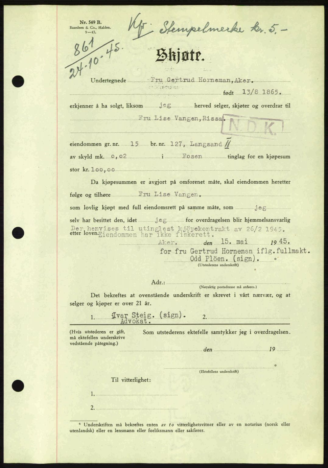 Fosen sorenskriveri, AV/SAT-A-1107/1/2/2C: Mortgage book no. A3, 1943-1945, Diary no: : 861/1945