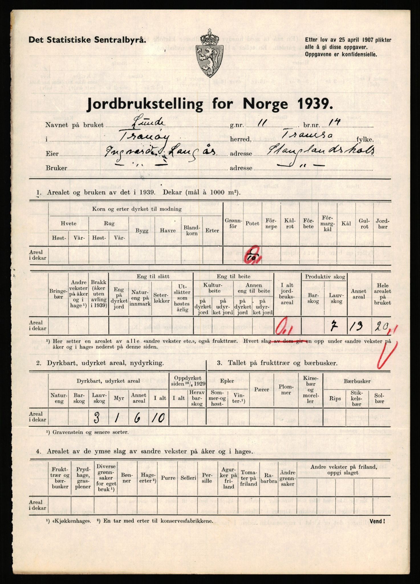 Statistisk sentralbyrå, Næringsøkonomiske emner, Jordbruk, skogbruk, jakt, fiske og fangst, AV/RA-S-2234/G/Gb/L0341: Troms: Sørreisa og Tranøy, 1939, p. 862