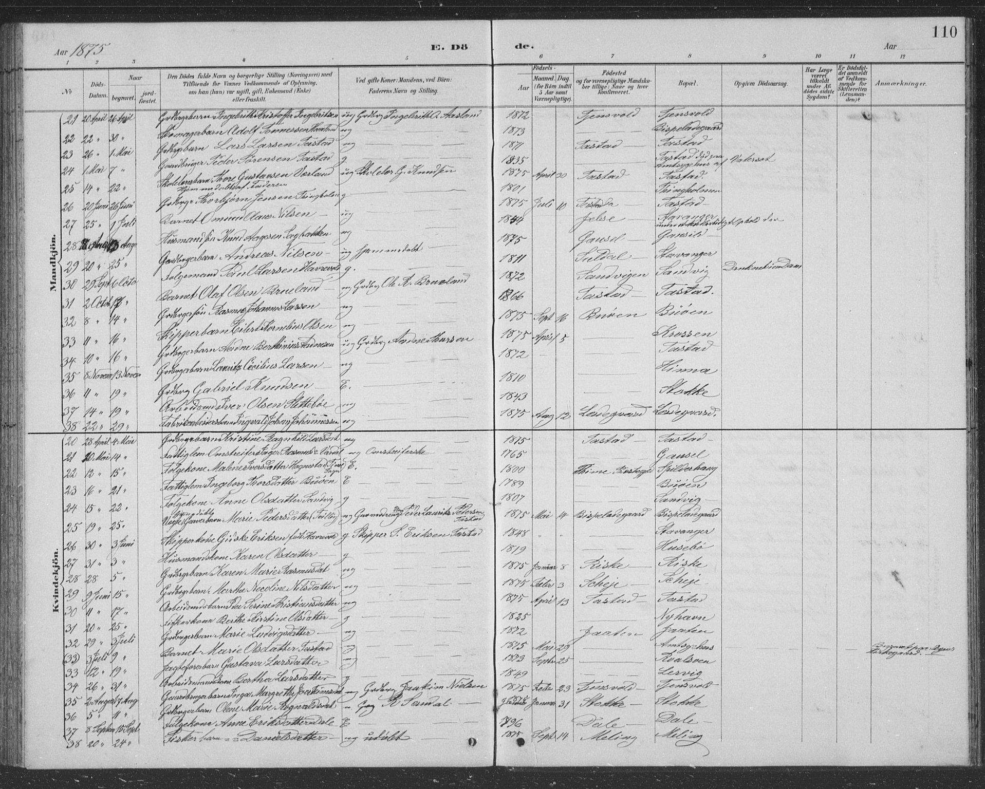 Hetland sokneprestkontor, AV/SAST-A-101826/30/30BB/L0004: Parish register (copy) no. B 4, 1869-1877, p. 110