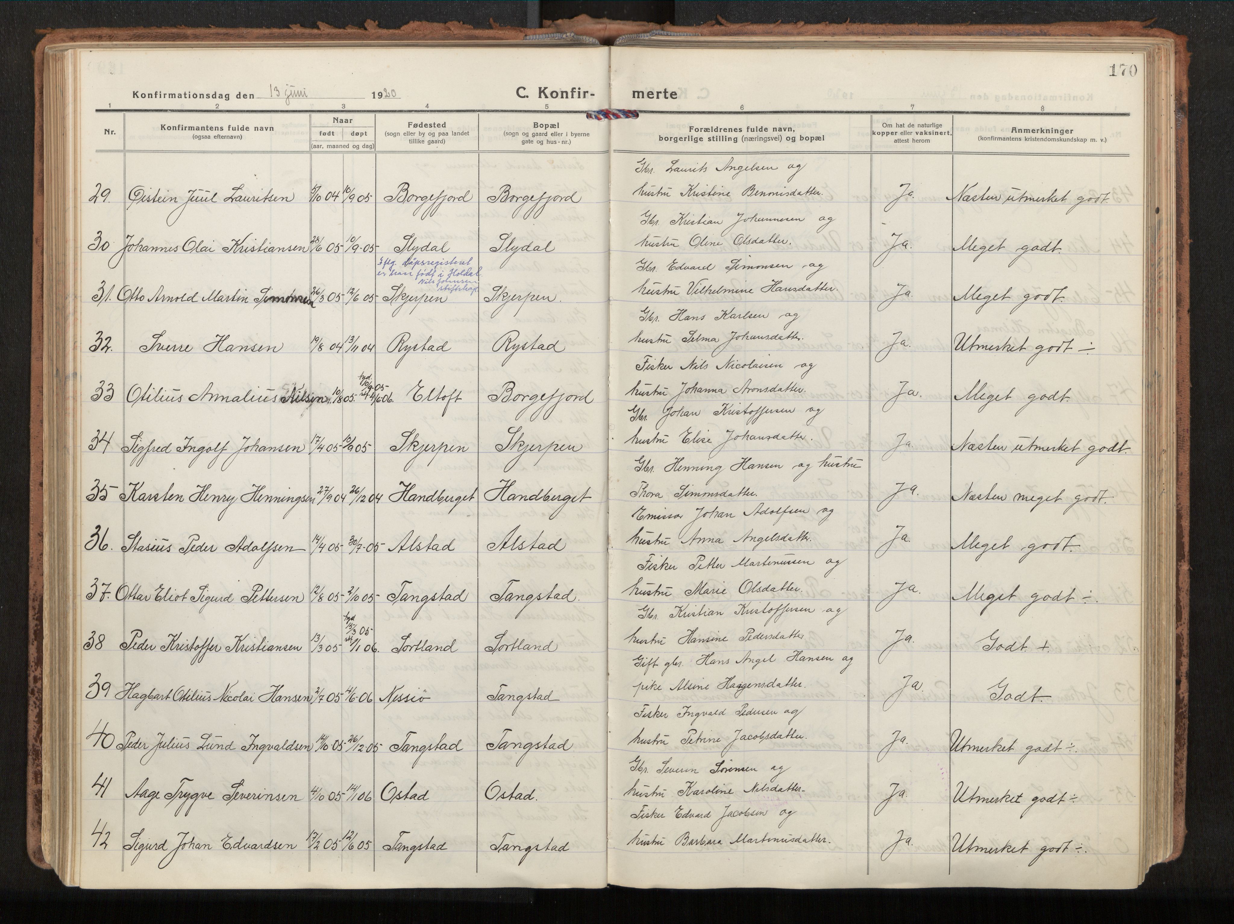 Ministerialprotokoller, klokkerbøker og fødselsregistre - Nordland, AV/SAT-A-1459/880/L1136: Parish register (official) no. 880A10, 1919-1927, p. 170