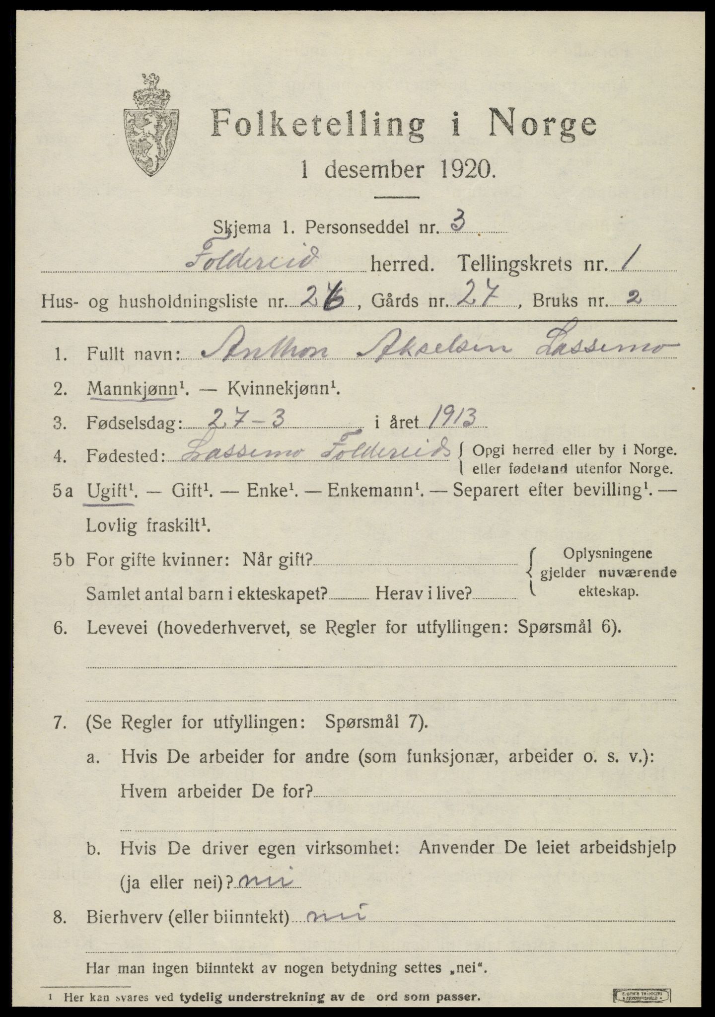 SAT, 1920 census for Foldereid, 1920, p. 682