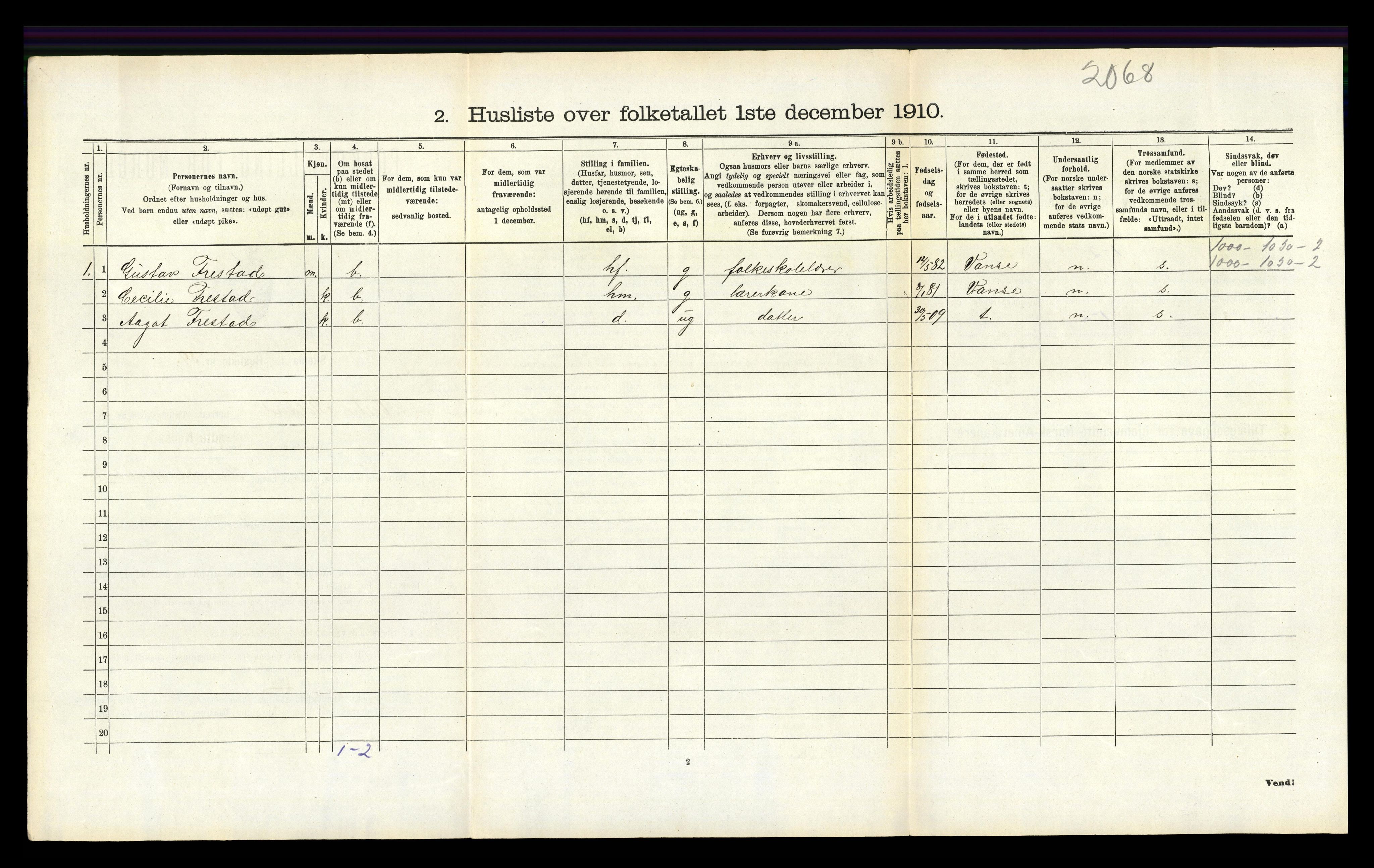 RA, 1910 census for Vestre Moland, 1910, p. 583