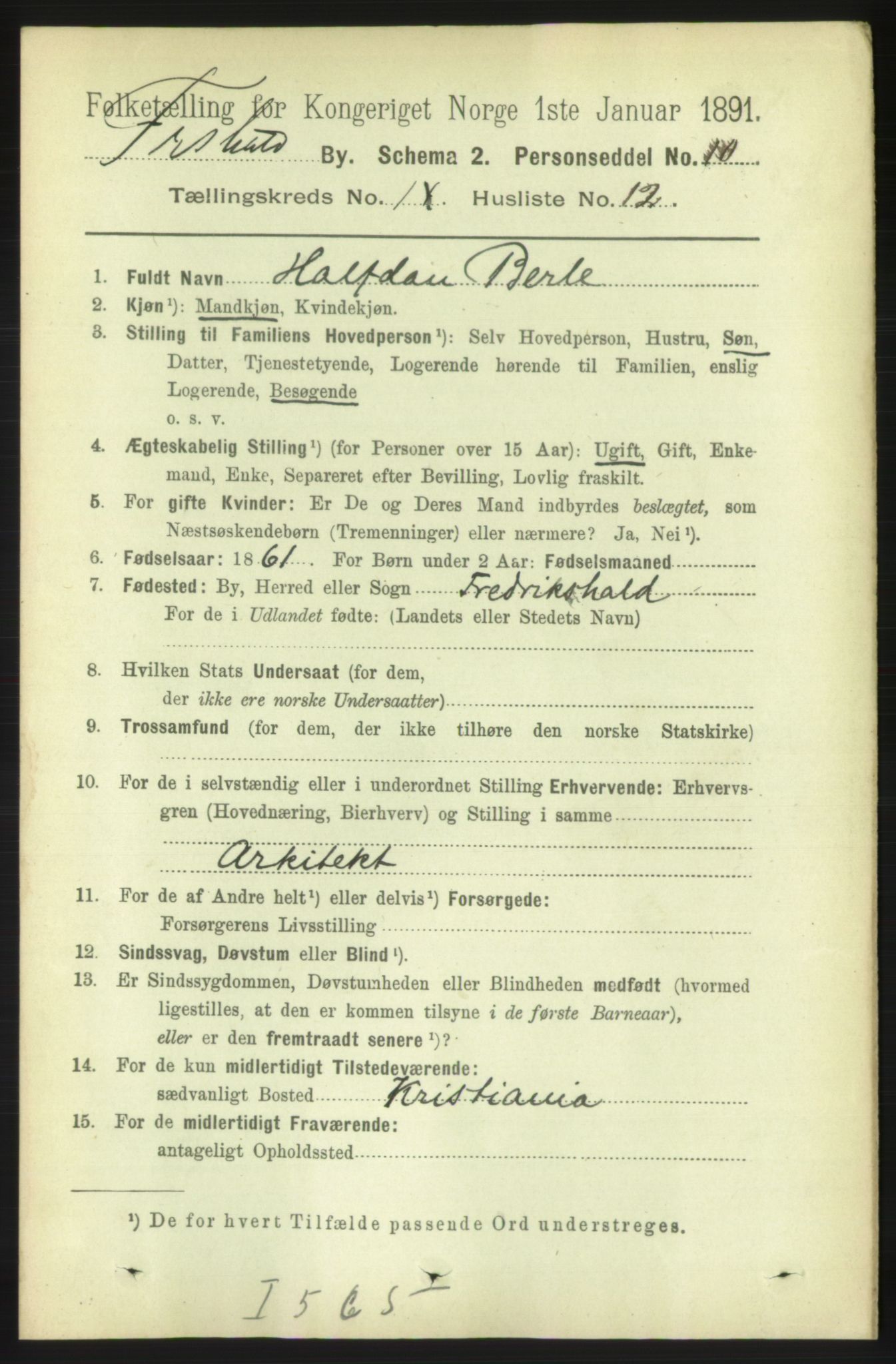 RA, 1891 census for 0101 Fredrikshald, 1891, p. 9200