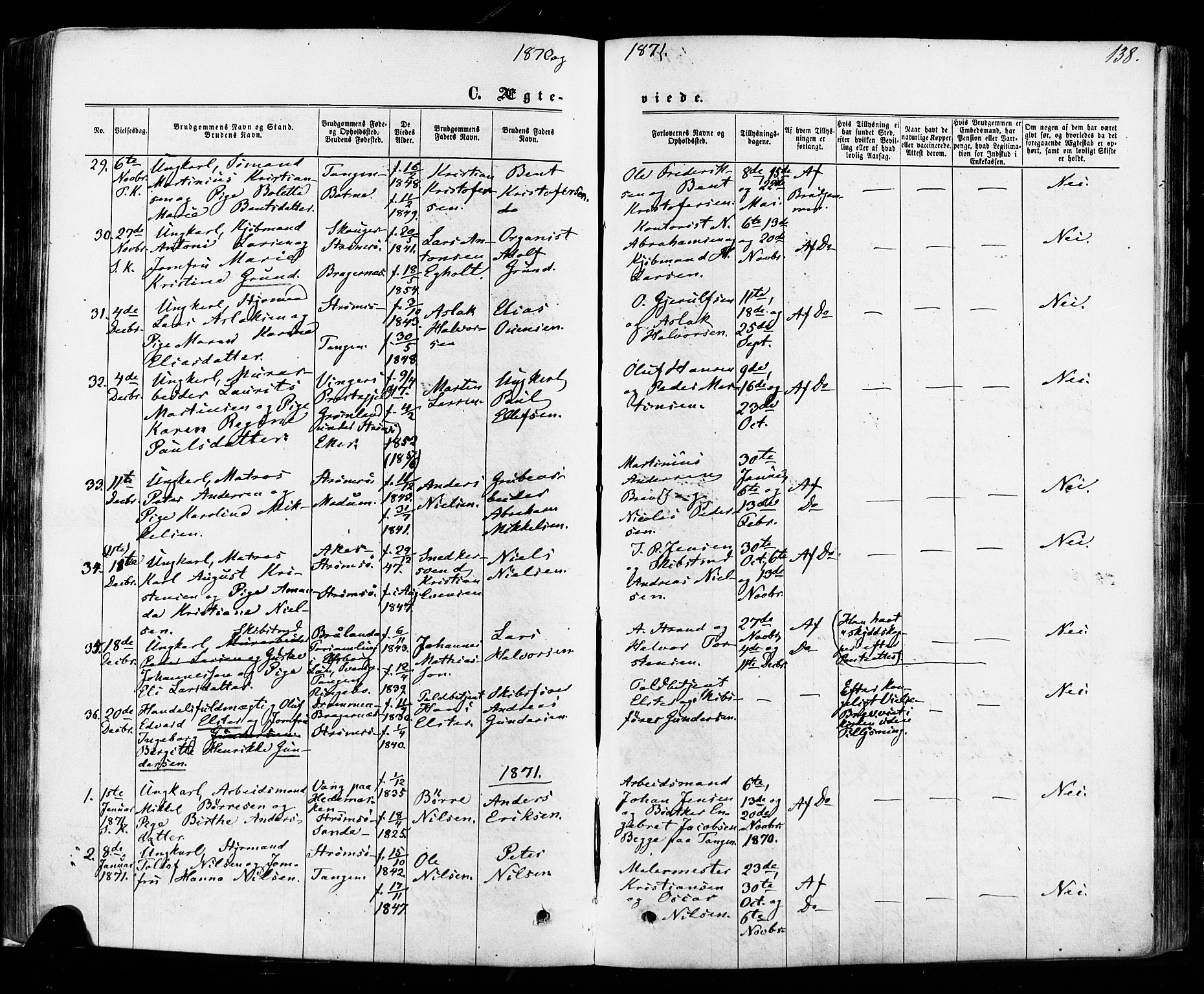 Strømsø kirkebøker, SAKO/A-246/F/Fa/L0018: Parish register (official) no. I 18, 1865-1878, p. 138