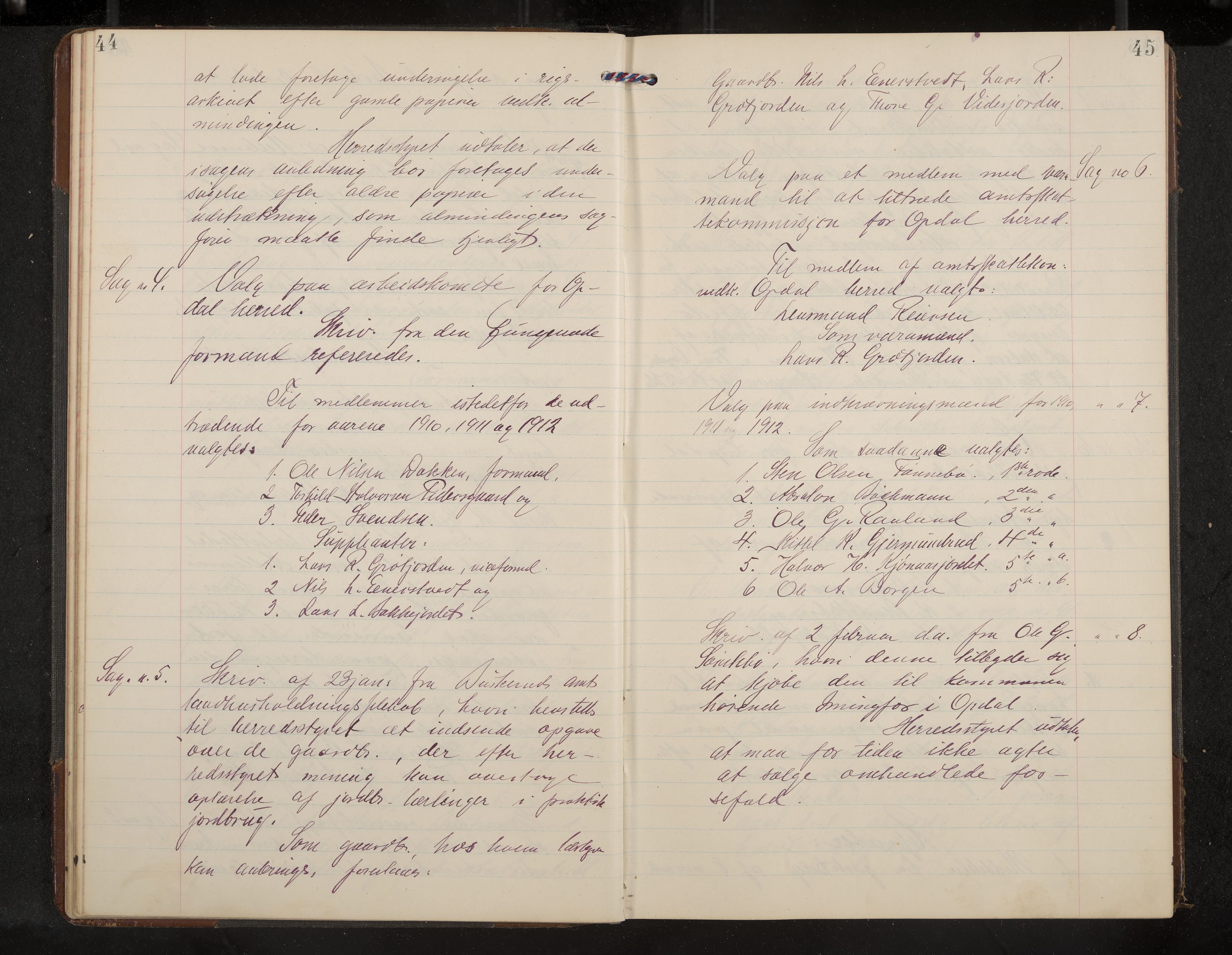 Uvdal formannskap og sentraladministrasjon, IKAK/0634021/A/Aa/L0002: Møtebok, 1909-1915, p. 44-45