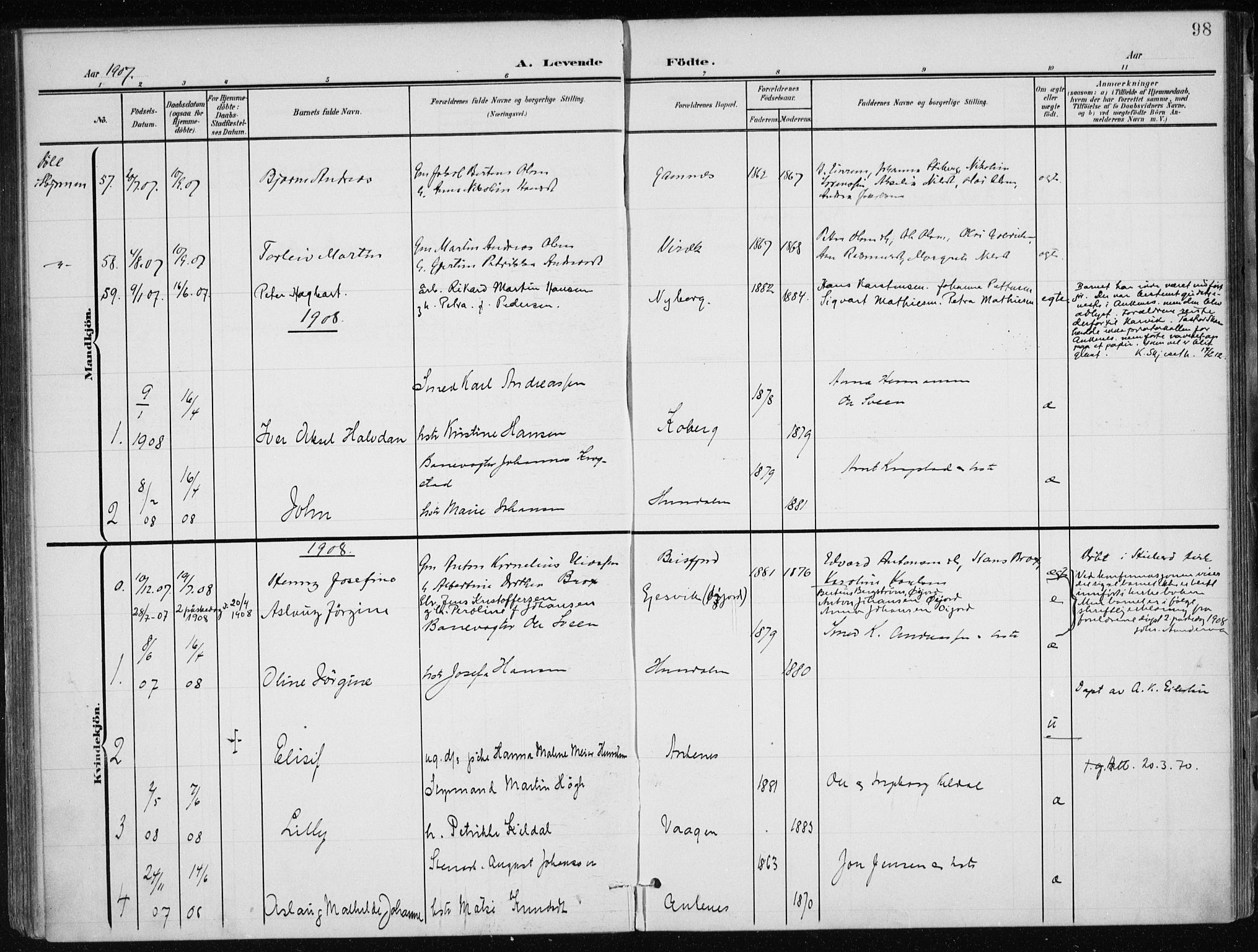 Ministerialprotokoller, klokkerbøker og fødselsregistre - Nordland, AV/SAT-A-1459/866/L0941: Parish register (official) no. 866A04, 1901-1917, p. 98