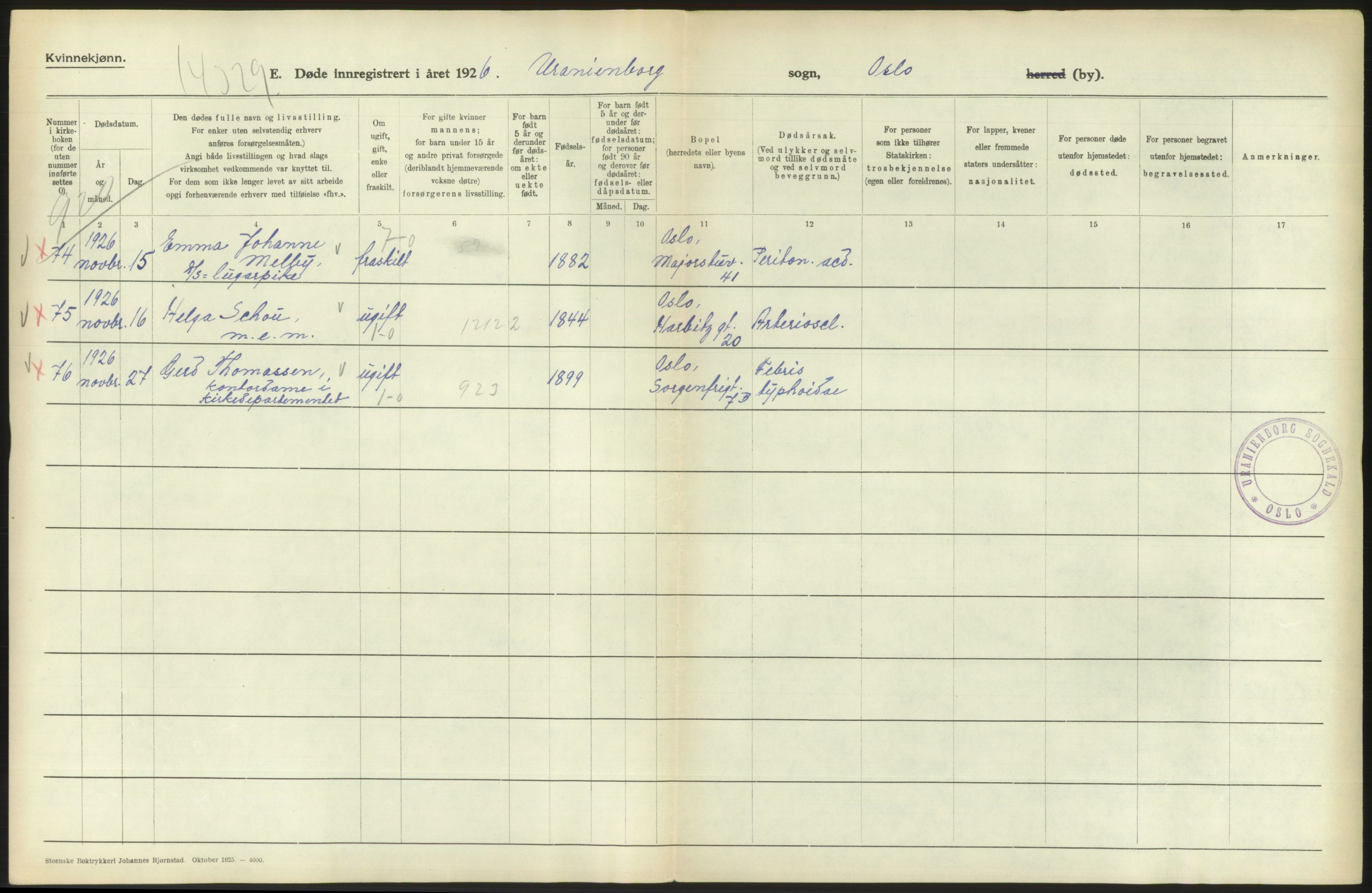 Statistisk sentralbyrå, Sosiodemografiske emner, Befolkning, AV/RA-S-2228/D/Df/Dfc/Dfcf/L0010: Oslo: Døde kvinner, dødfødte, 1926, p. 156