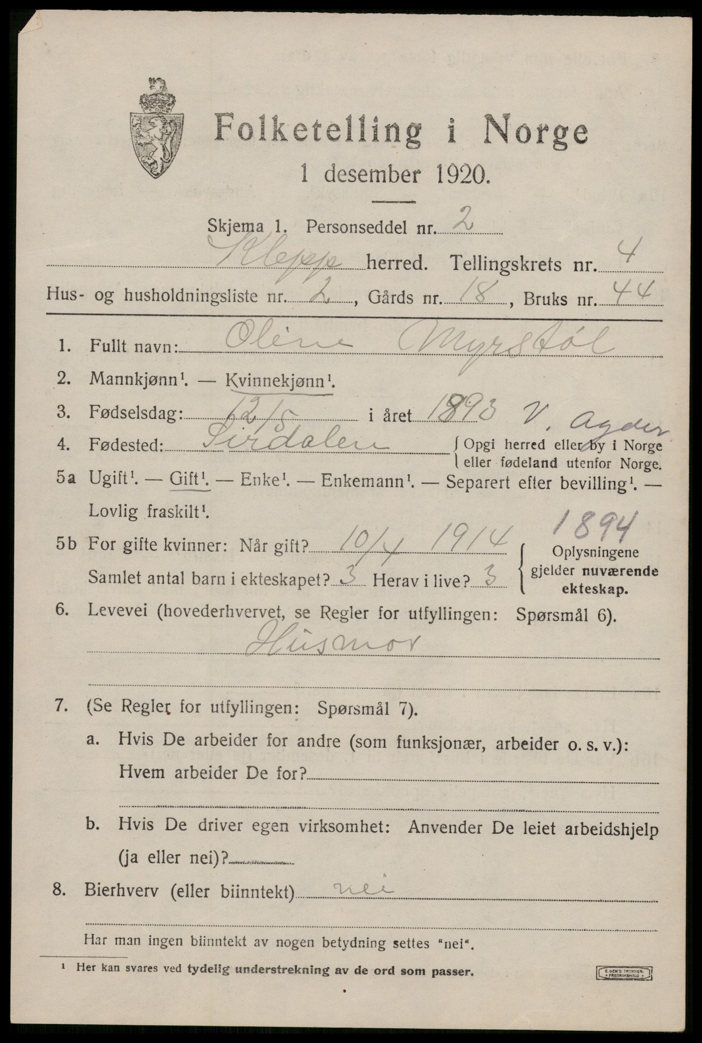 SAST, 1920 census for Klepp, 1920, p. 4338