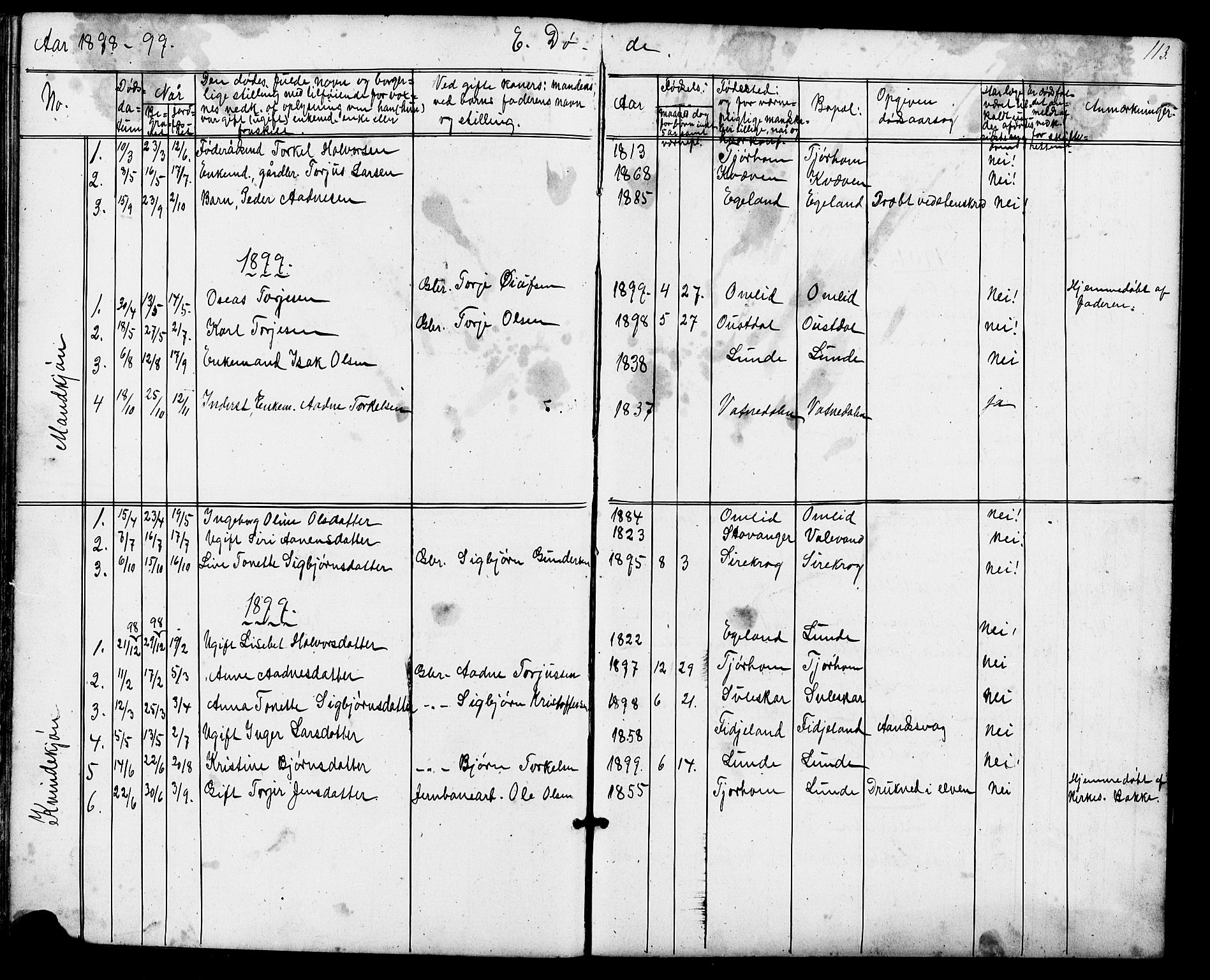 Sirdal sokneprestkontor, AV/SAK-1111-0036/F/Fb/Fba/L0001: Parish register (copy) no. B 1, 1872-1905, p. 113