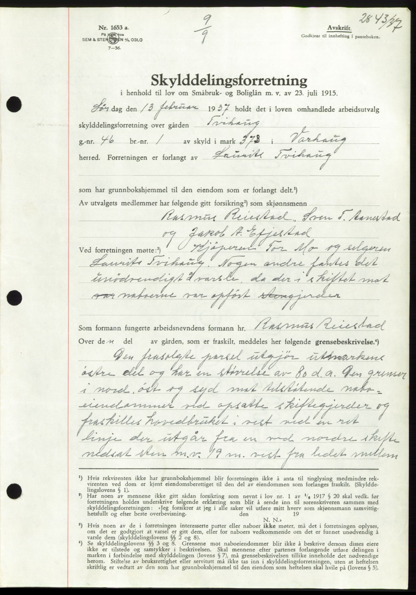 Jæren sorenskriveri, SAST/A-100310/03/G/Gba/L0069: Mortgage book, 1937-1937, Diary no: : 2843/1937