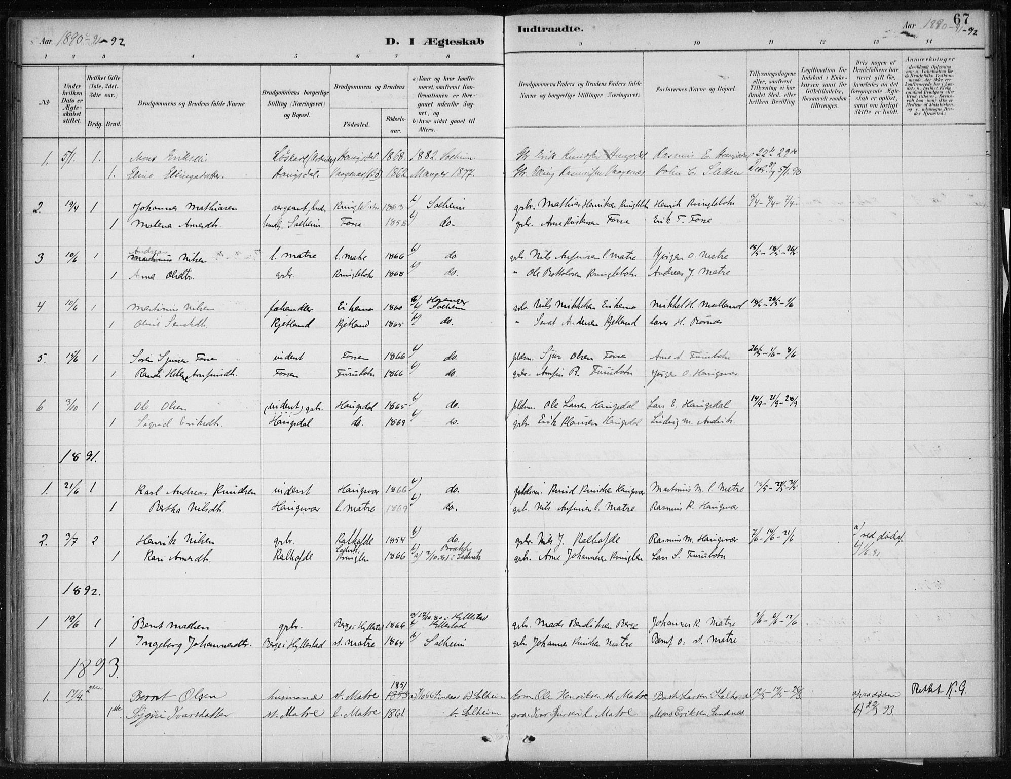 Masfjorden Sokneprestembete, AV/SAB-A-77001: Parish register (official) no. C  1, 1882-1896, p. 67