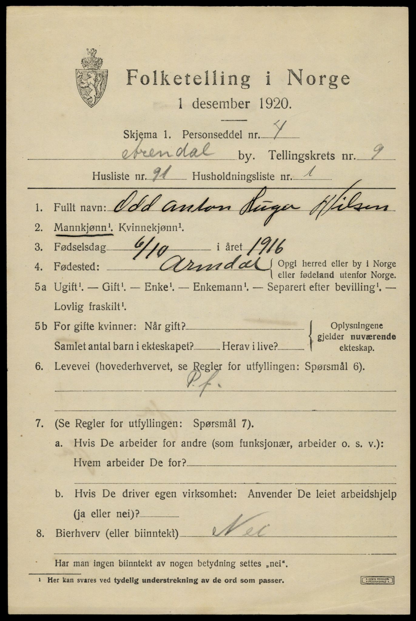 SAK, 1920 census for Arendal, 1920, p. 17228