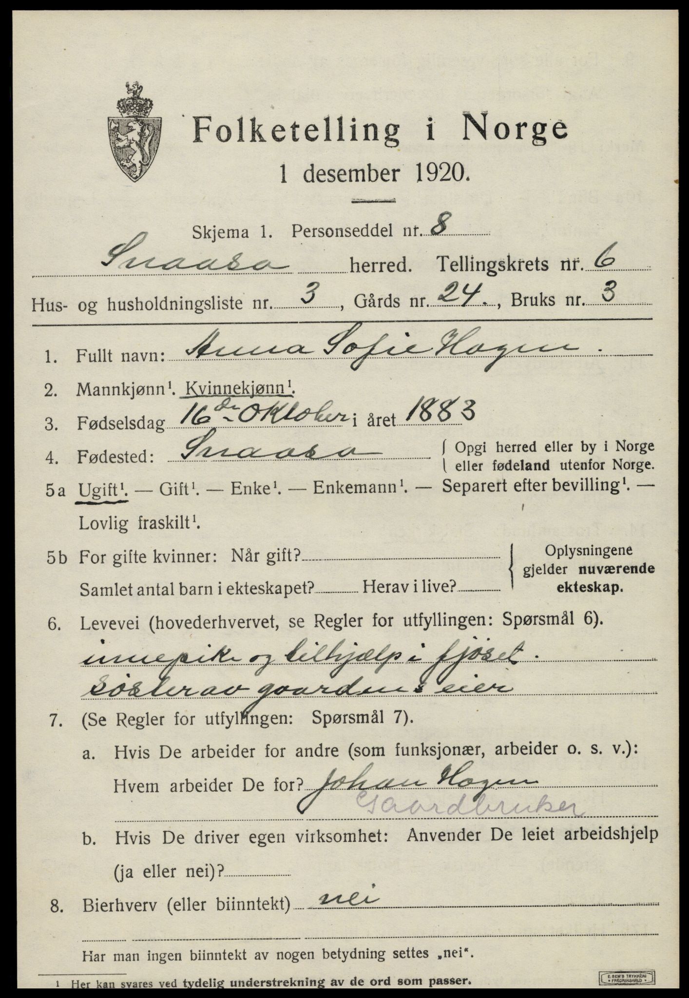 SAT, 1920 census for Snåsa, 1920, p. 2600
