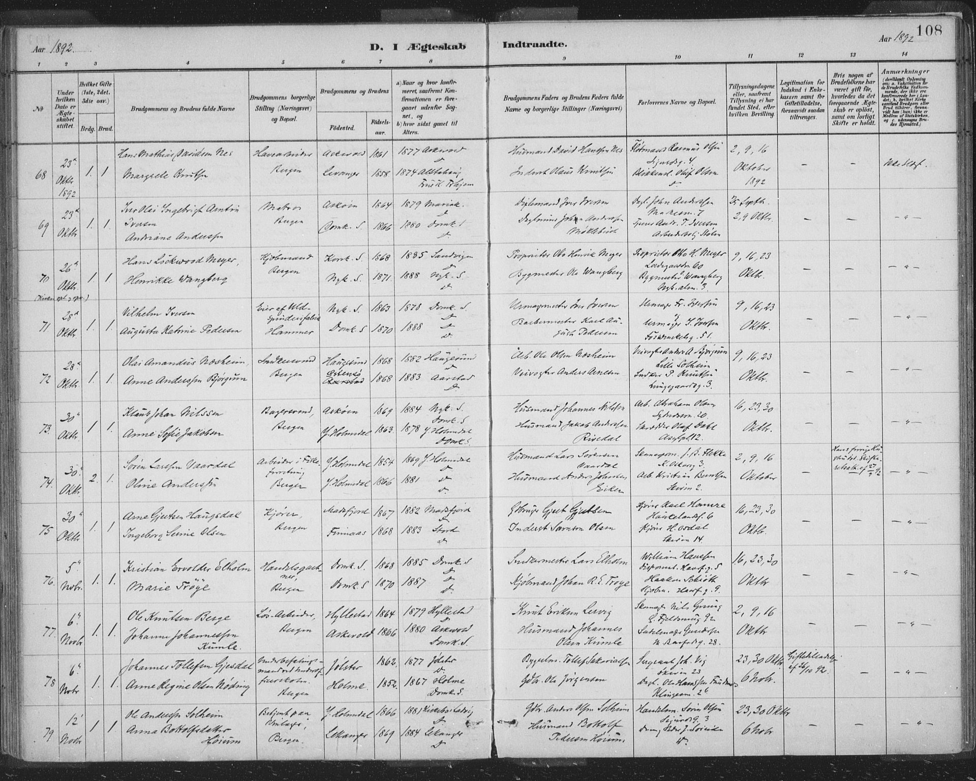 Domkirken sokneprestembete, AV/SAB-A-74801/H/Hab/L0032: Parish register (copy) no. D 4, 1880-1907, p. 108