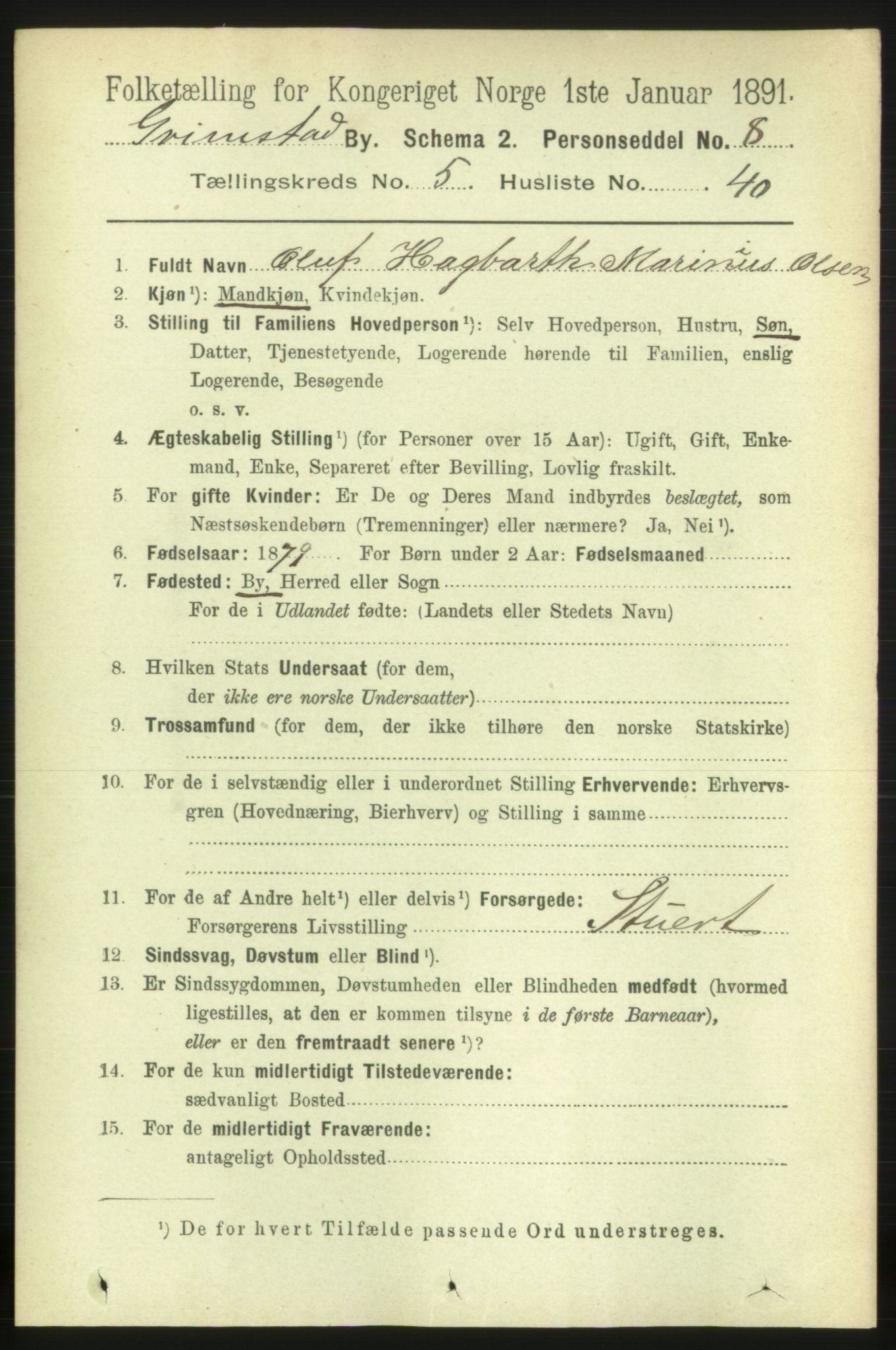 RA, 1891 census for 0904 Grimstad, 1891, p. 3347