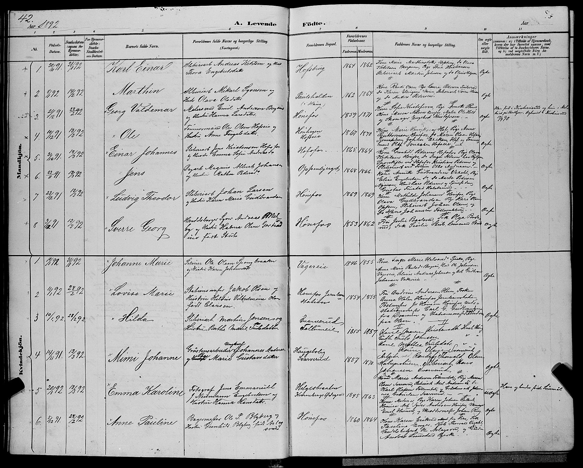 Hønefoss kirkebøker, AV/SAKO-A-609/G/Ga/L0002: Parish register (copy) no. 2, 1888-1904, p. 42