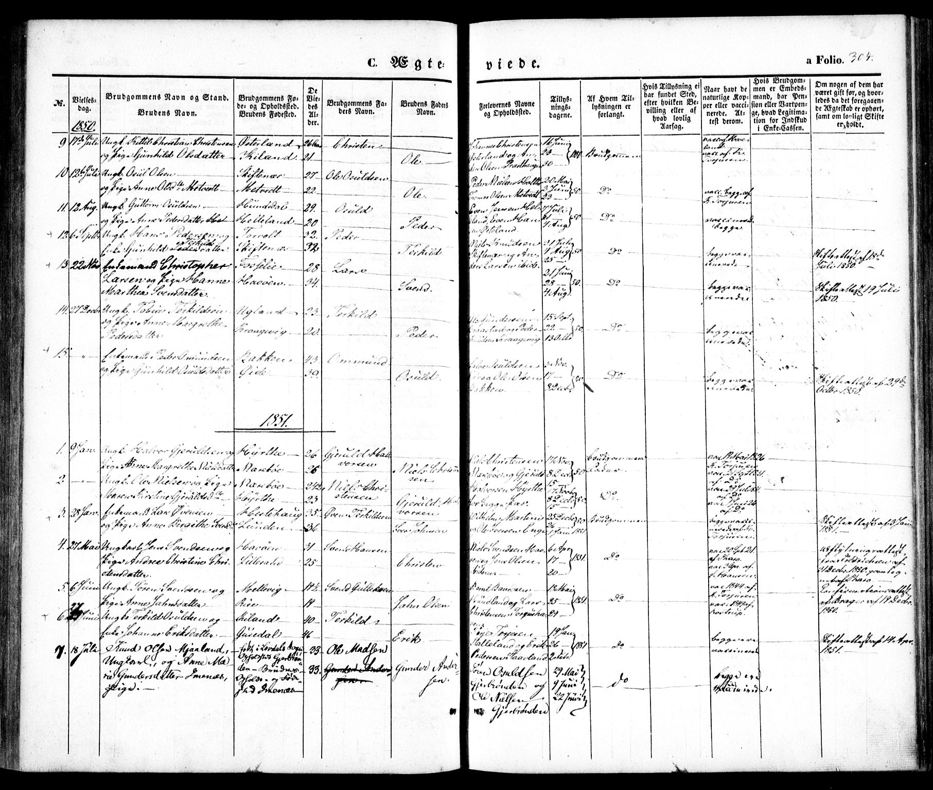 Hommedal sokneprestkontor, SAK/1111-0023/F/Fa/Fab/L0004: Parish register (official) no. A 4, 1848-1860, p. 304