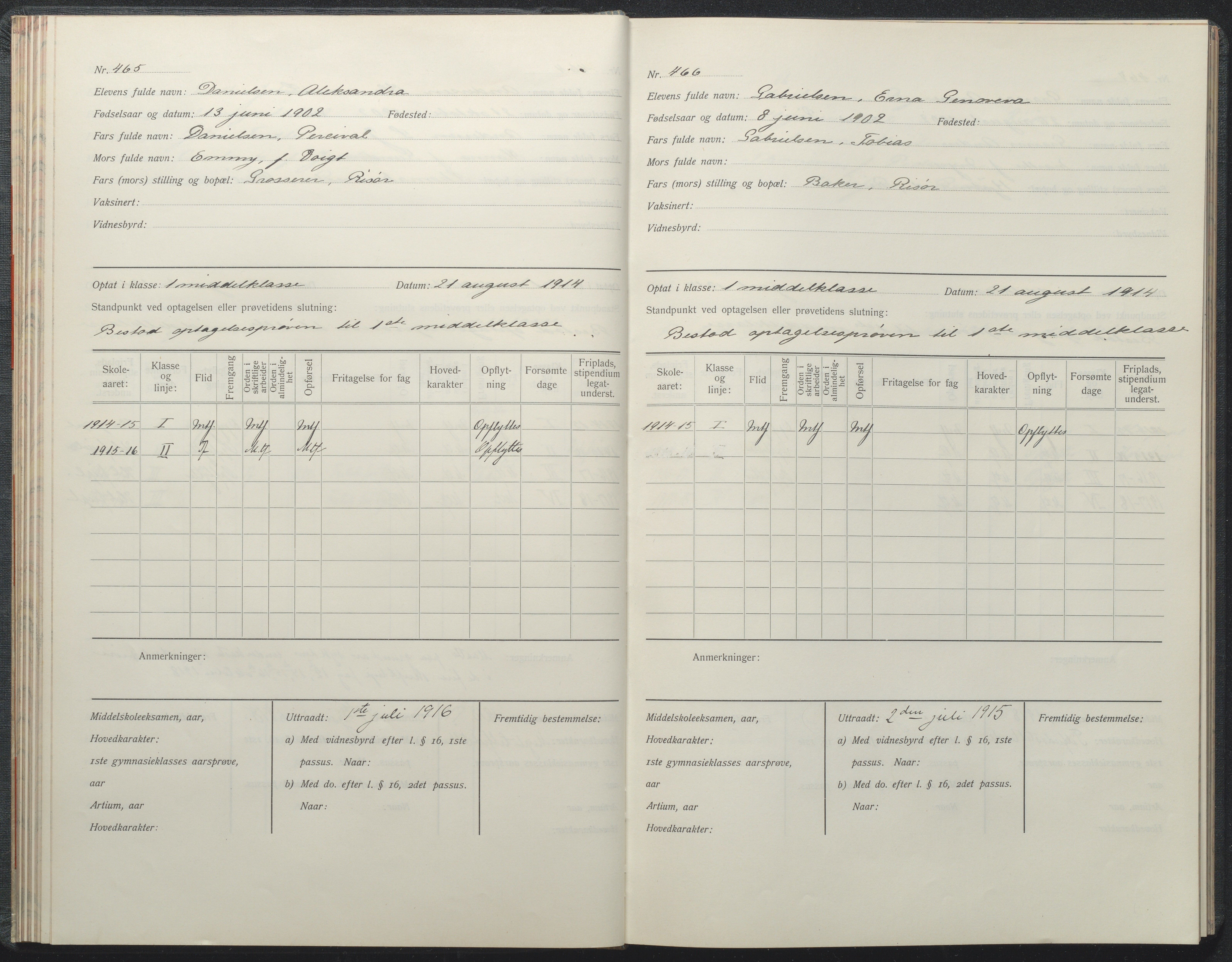 Risør kommune, AAKS/KA0901-PK/1/05/05i/L0002: Manntallsprotokoll, 1911-1925, p. 465-466