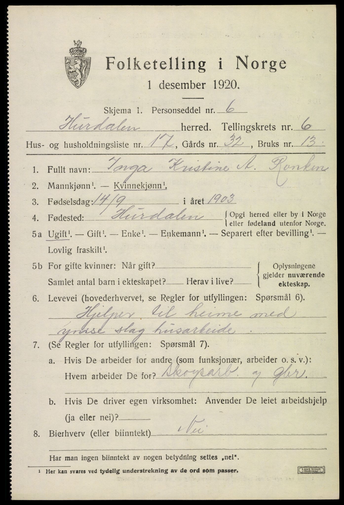 SAO, 1920 census for Hurdal, 1920, p. 3812