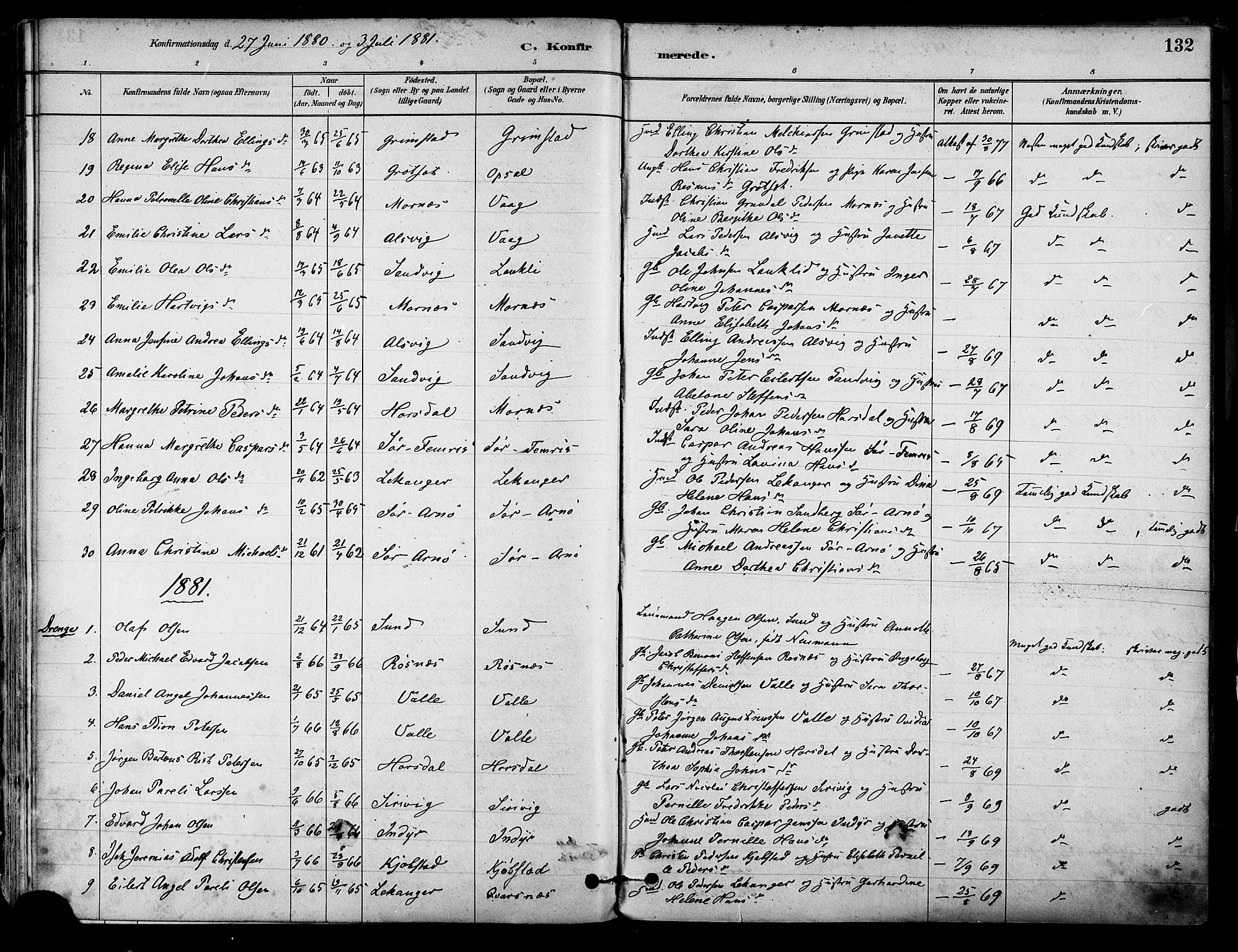Ministerialprotokoller, klokkerbøker og fødselsregistre - Nordland, SAT/A-1459/805/L0099: Parish register (official) no. 805A06, 1880-1891, p. 132