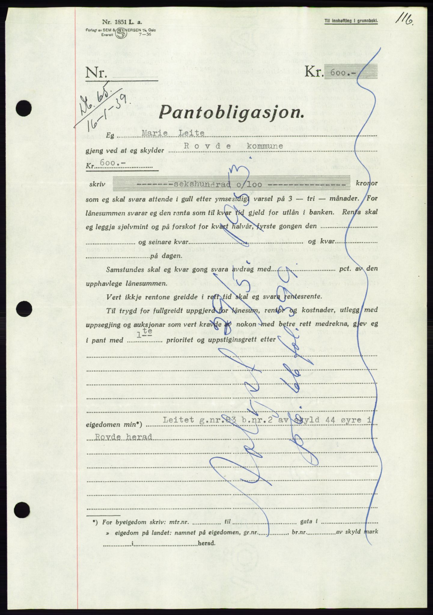 Søre Sunnmøre sorenskriveri, AV/SAT-A-4122/1/2/2C/L0067: Mortgage book no. 61, 1938-1939, Diary no: : 65/1939